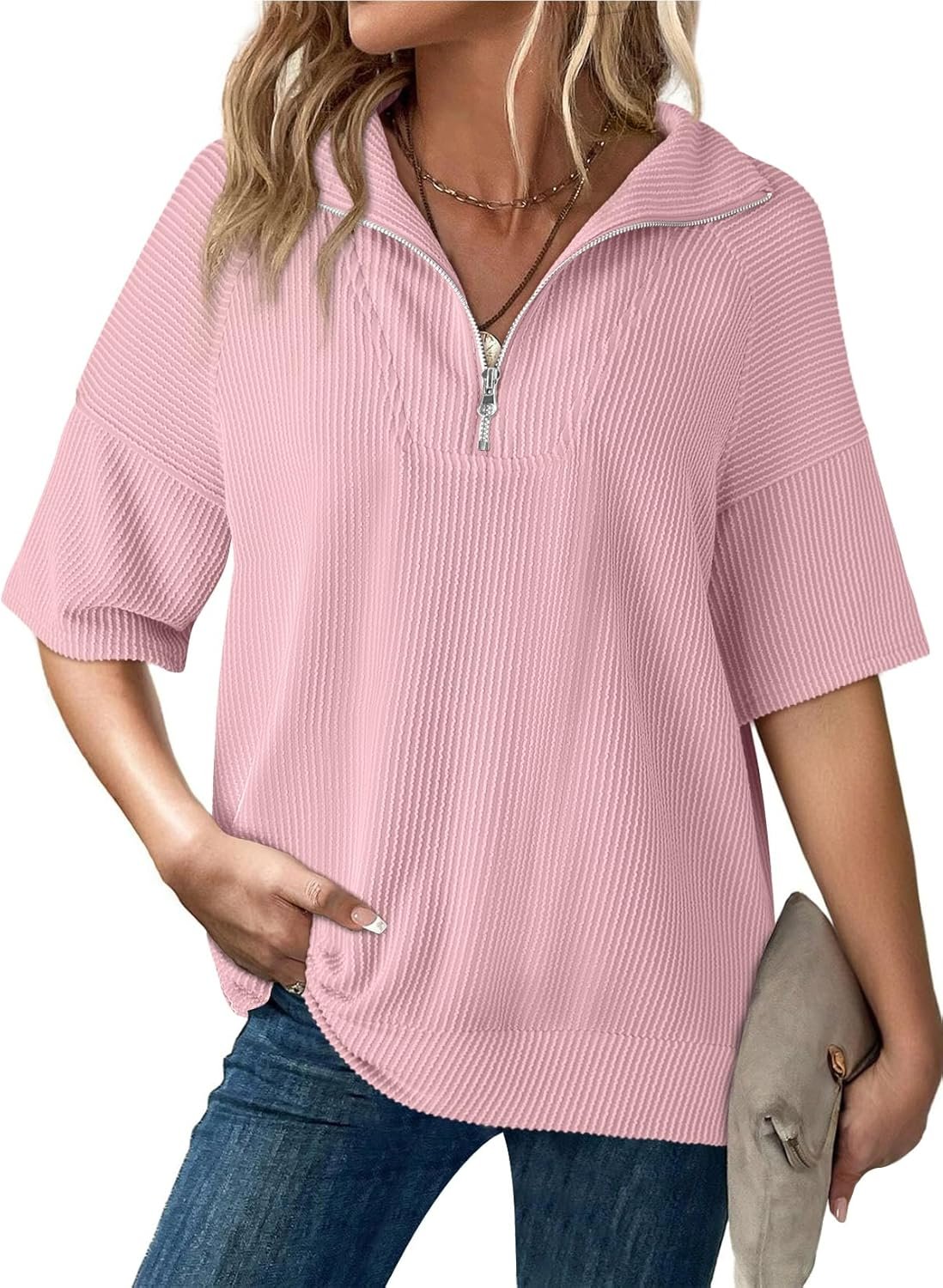 Dokotoo Womens Summer Short Sleeve Tops Zipper V Neck Lightweight Ribbed Knit Oversized Sweatshirt Casual Blouses Shirts