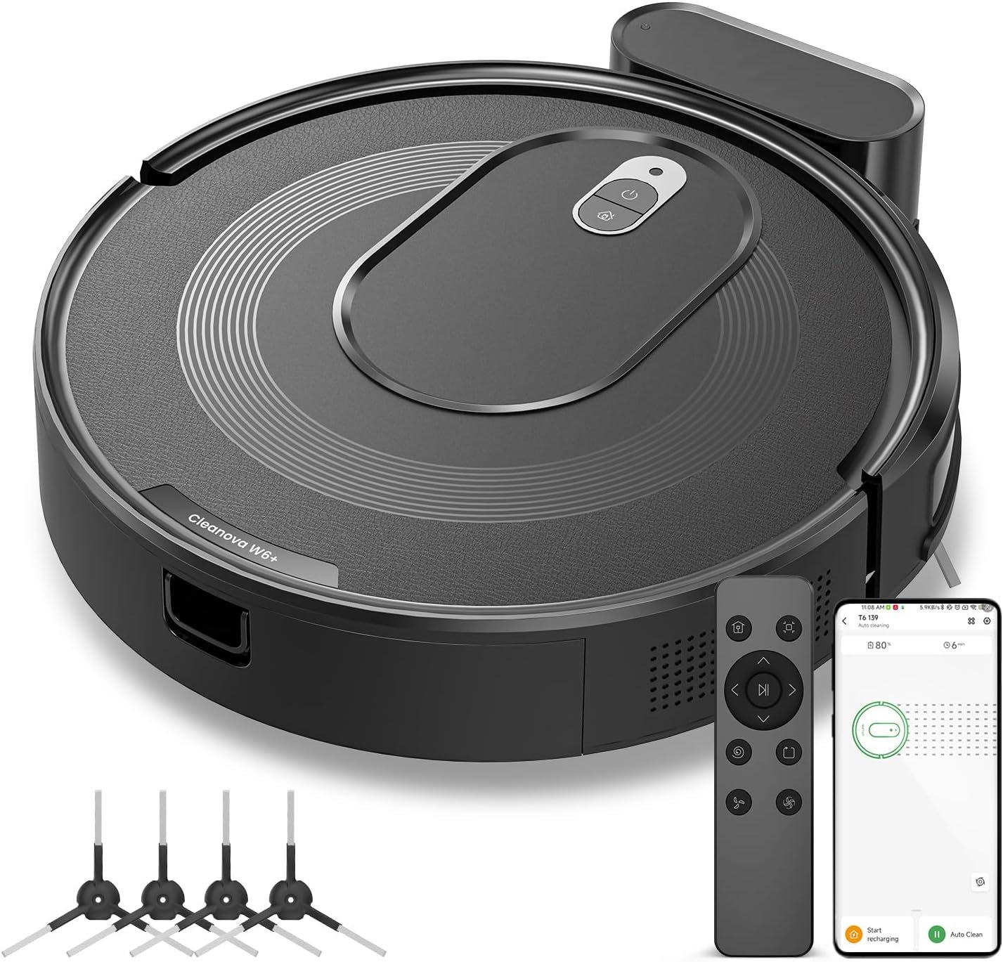 W6+ Robot Vacuum Cleaner,2800Pa Suction,720ml Large Capacity,120 Mins Runtime,Self-Charging Slim Robotic Vacuums,APP/Voice/Remote Control,No Entanglement Suction Port Ideal for Pet (Black)