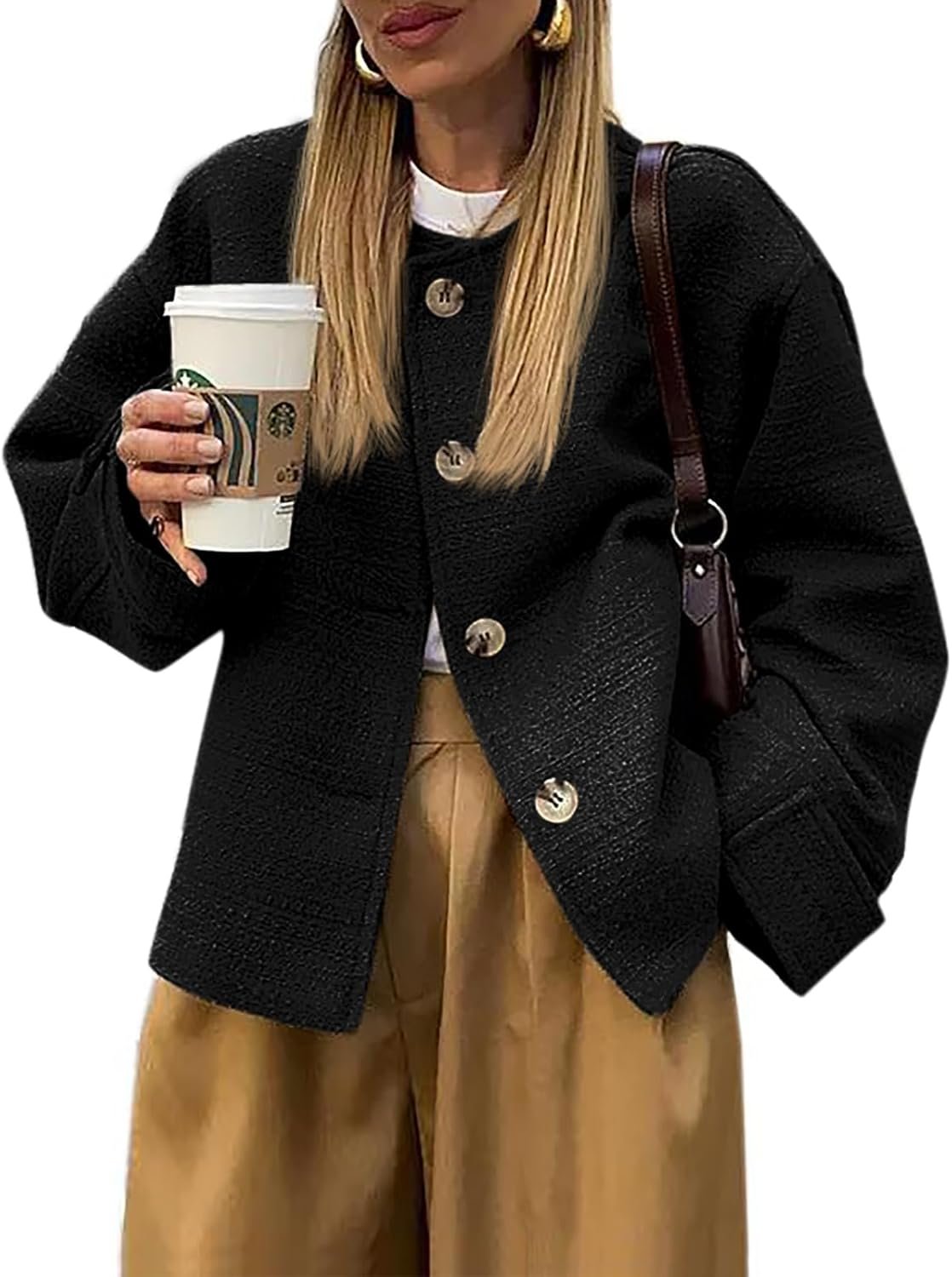 Tweed Jackets for Women Fall Long Sleeve Business Button Down Casual Cropped Blazer with Pockets