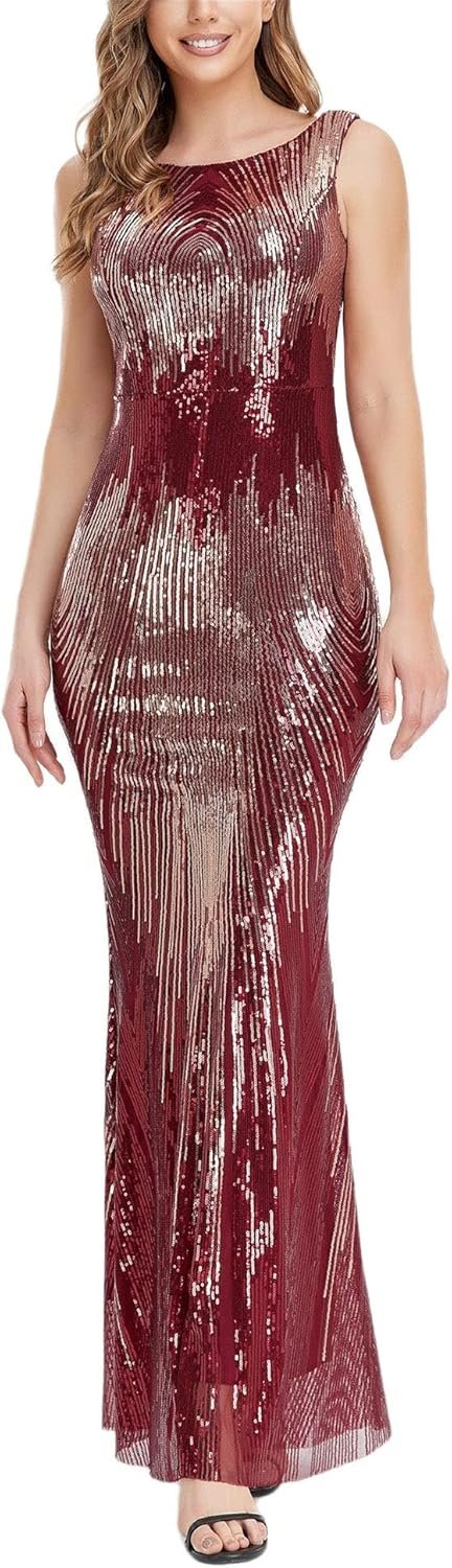 Women's Round Neck Sleeveless Shinning Sequins Elegant Mermaid Evening Dress