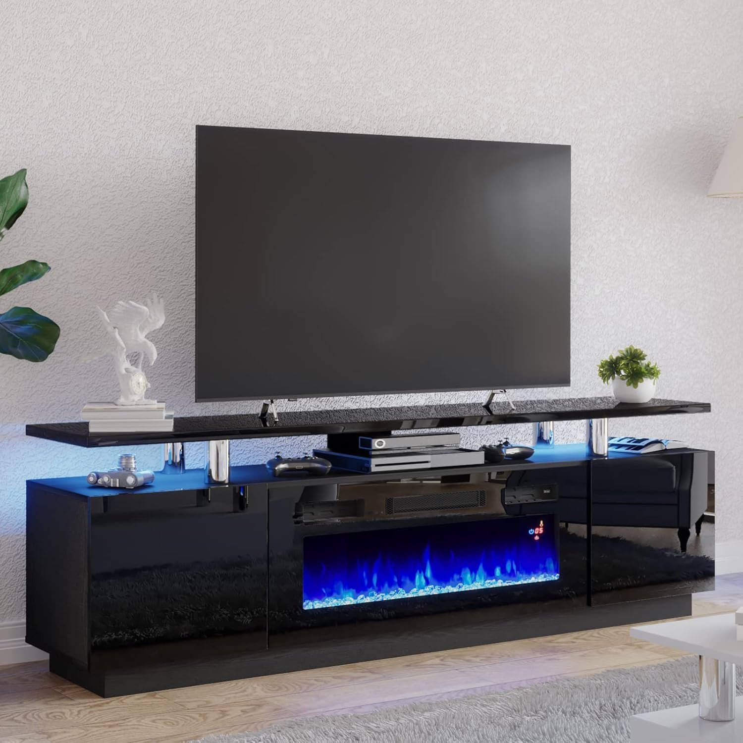AMERLIFE Fireplace TV Stand with 36" Fireplace, 70" Modern High Gloss Fireplace Entertainment Center LED Lights, 2 Tier TV Console Cabinet for TVs Up to 80", Obsidian Black 9 AMERLIFE Fireplace TV Stand with 36" Fireplace, 70" Modern High Gloss Fireplace Entertainment Center LED Lights, 2 Tier TV Console Cabinet for TVs Up to 80", Obsidian Black - Image 9