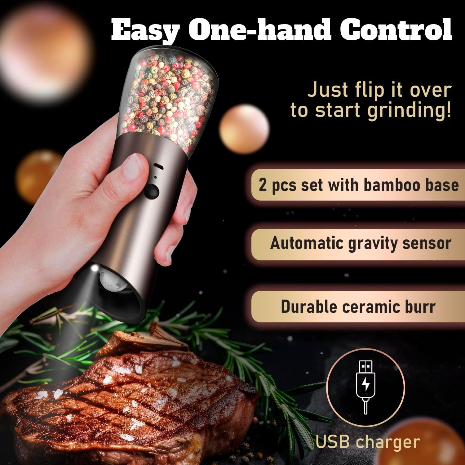 Electric Salt and Pepper Grinder Set with Adjustable Coarseness, LED Light and a Bamboo Base – Rechargeable Stainless Steel Spice Grinder for Kitchen - Automatic Salt and Pepper Shakers 2 Electric Salt and Pepper Grinder Set with Adjustable Coarseness, LED Light and a Bamboo Base – Rechargeable Stainless Steel Spice Grinder for Kitchen - Automatic Salt and Pepper Shakers - Image 2