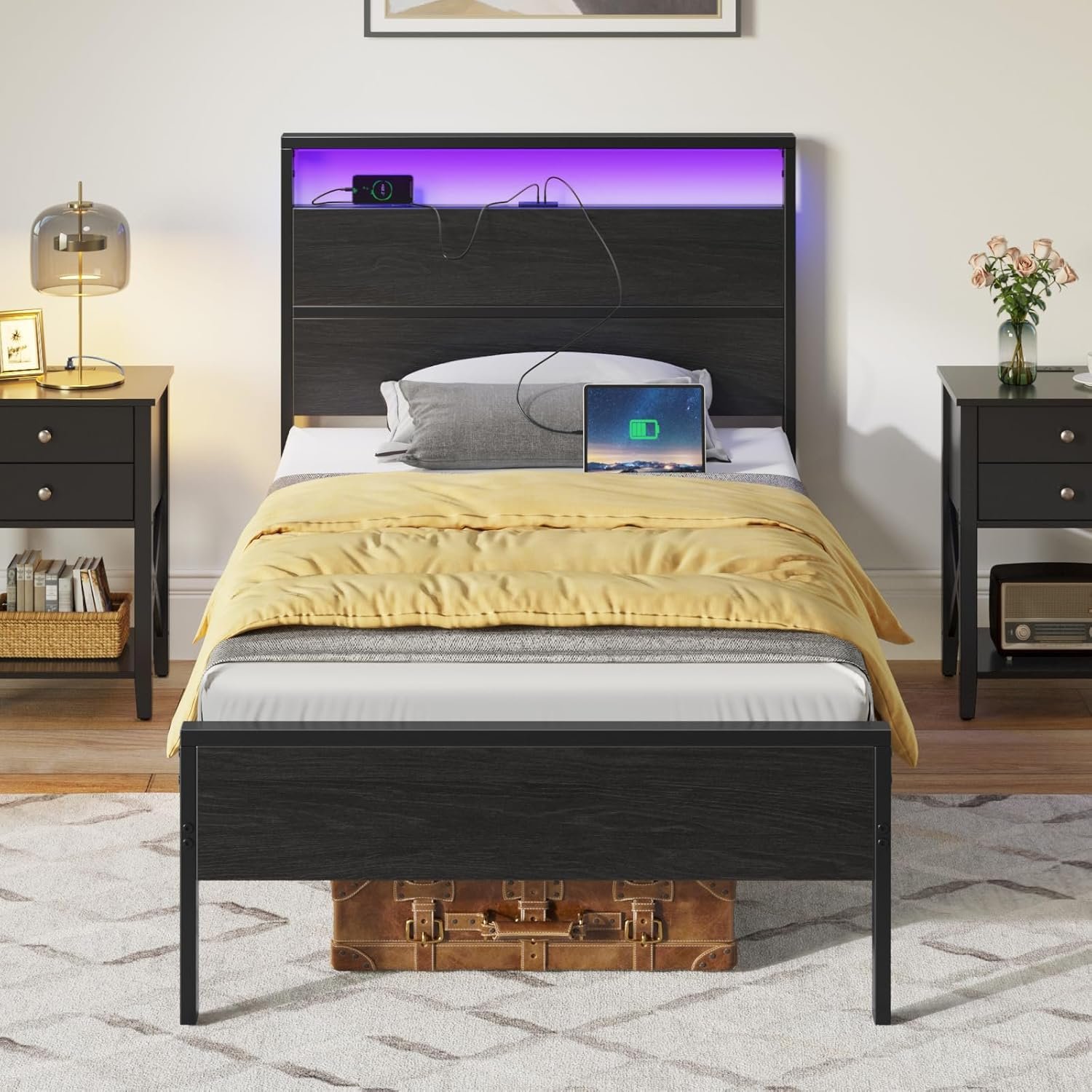 Rolanstar Bed Frame with Charging Station, Twin Bed with LED Lights Headboard, Metal Platform Bed Frame, Strong Metal Slats, 10.2” Under Bed Storage, No Box Spring Needed, Noise Free