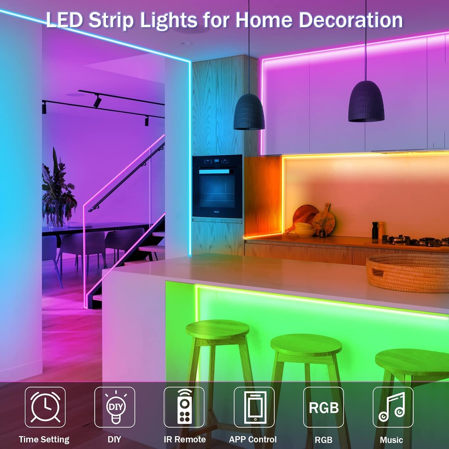 KEELIXIN 65.6ft LED Lights for Bedroom, Music Sync RGB LED Strip Lights with APP & Remote Control, Luces LED para Cuarto, Bluetooth LED Lights for Room, Home Decoration 7 KEELIXIN 65.6ft LED Lights for Bedroom, Music Sync RGB LED Strip Lights with APP & Remote Control, Luces LED para Cuarto, Bluetooth LED Lights for Room, Home Decoration - Image 7