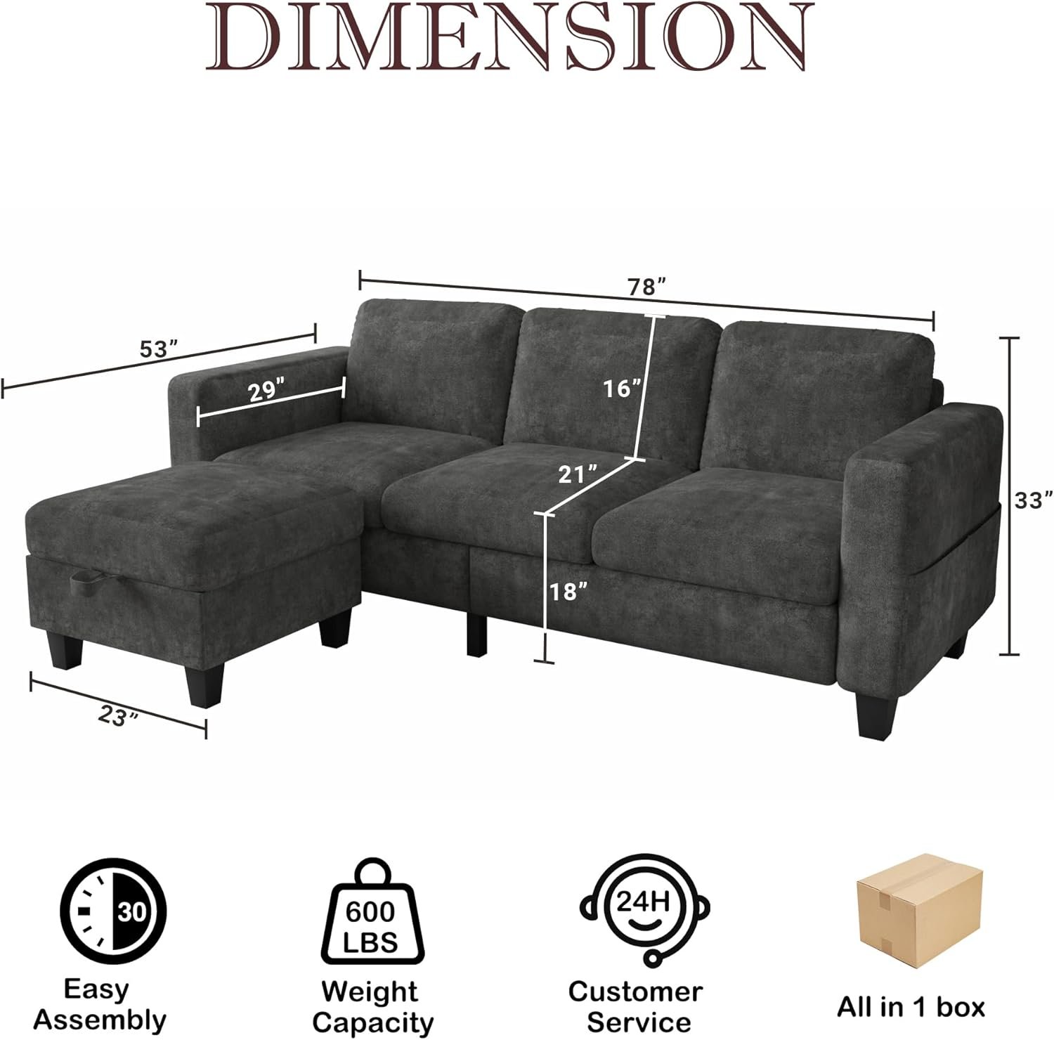 Couch for Living Room - Small Space Couches Sectional L-Shaped Sofa, 3 Seat Modern Couch, Sofas Convertible with Storage Ottoman for Small Space, Bedroom, Offices and Apartments - Grey 2 Couch for Living Room - Small Space Couches Sectional L-Shaped Sofa, 3 Seat Modern Couch, Sofas Convertible with Storage Ottoman for Small Space, Bedroom, Offices and Apartments - Grey - Image 2