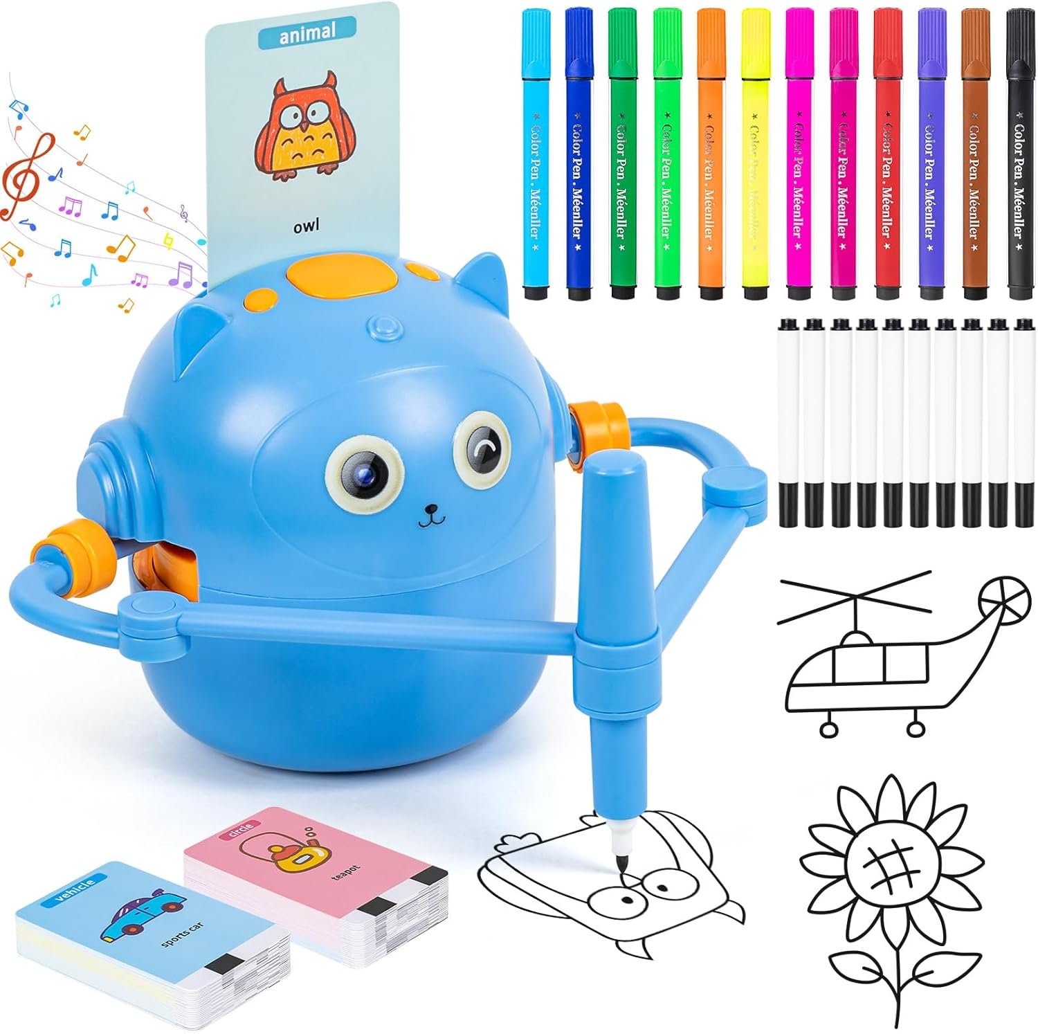 Drawing Robot for Kids, Interactive Educational Drawing Robot for Kids, Magic Painting Robot Toy with 100 Word Cards & 16 Color Pens for Girls and Boys Age 3+ (Blue)