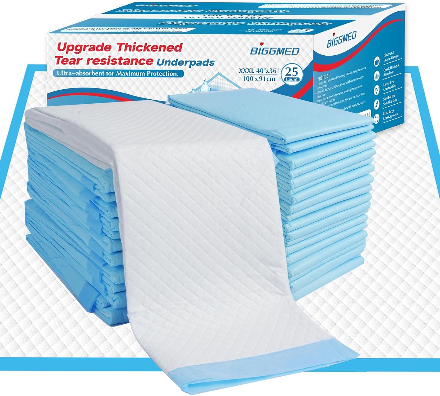 Tear-Resistant Incontinence Bed Pads 40'' x 36'' 130 Gram Heavy Duty (25 Count) Disposable Underpads Chucks Pads for Adults, Kids & Elderly | Protection Pads for Bed, Sofa, and Chair