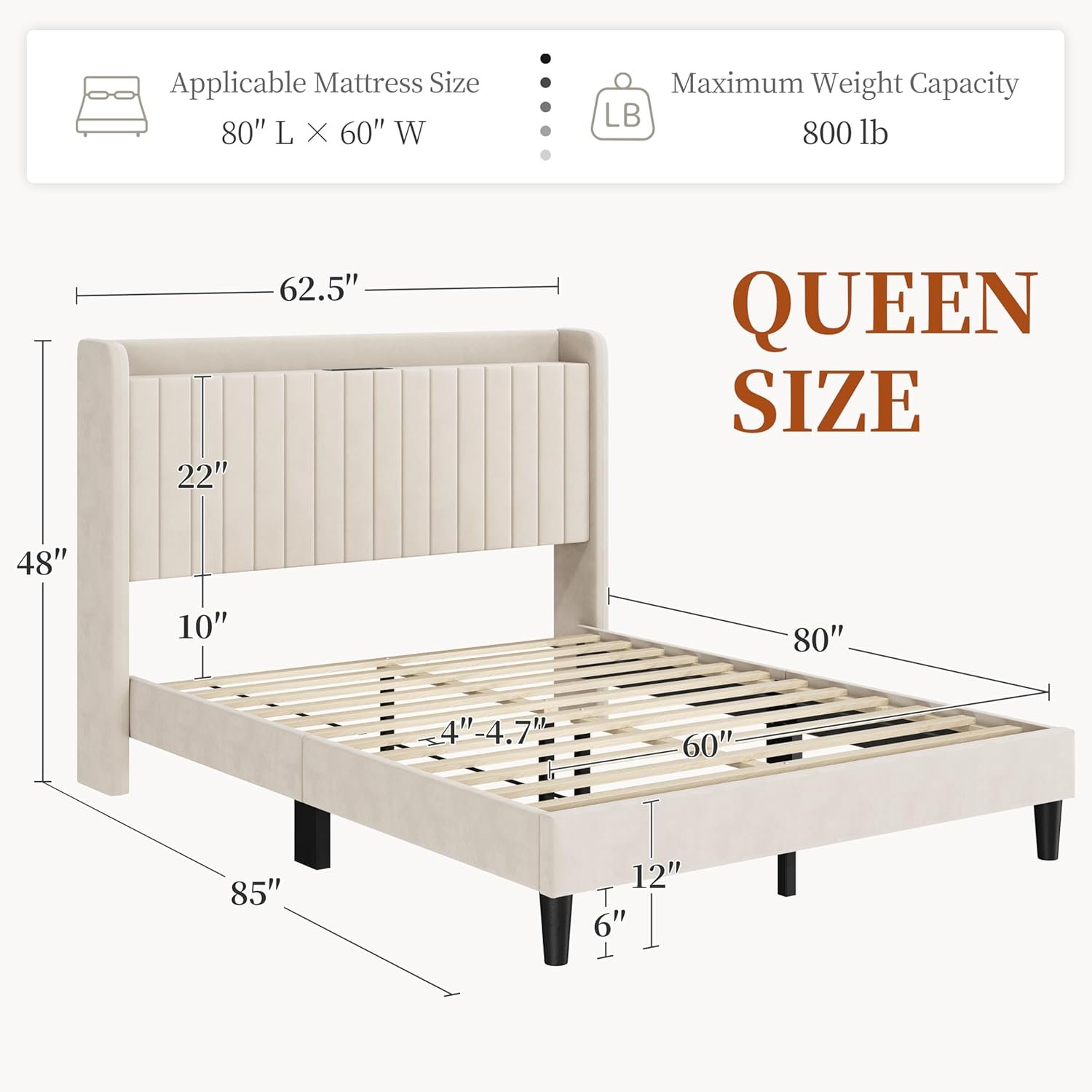 Yaheetech Queen Bed Frame with Headboard, Upholstered Headboard with Charing Station and Storage Shelf, Platform Bed Frame, No Box Spring Needed, Easy Assembly, Beige 2 Yaheetech Queen Bed Frame with Headboard, Upholstered Headboard with Charing Station and Storage Shelf, Platform Bed Frame, No Box Spring Needed, Easy Assembly, Beige - Image 2