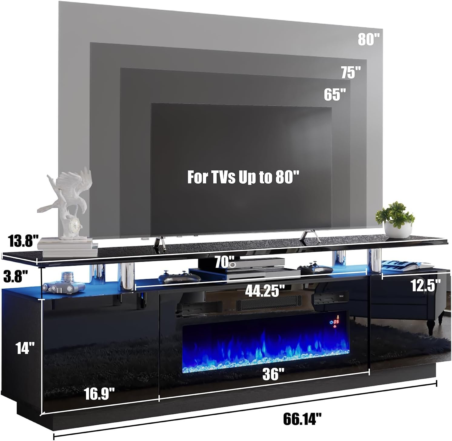 AMERLIFE Fireplace TV Stand with 36" Fireplace, 70" Modern High Gloss Fireplace Entertainment Center LED Lights, 2 Tier TV Console Cabinet for TVs Up to 80", Obsidian Black 7 AMERLIFE Fireplace TV Stand with 36" Fireplace, 70" Modern High Gloss Fireplace Entertainment Center LED Lights, 2 Tier TV Console Cabinet for TVs Up to 80", Obsidian Black - Image 7