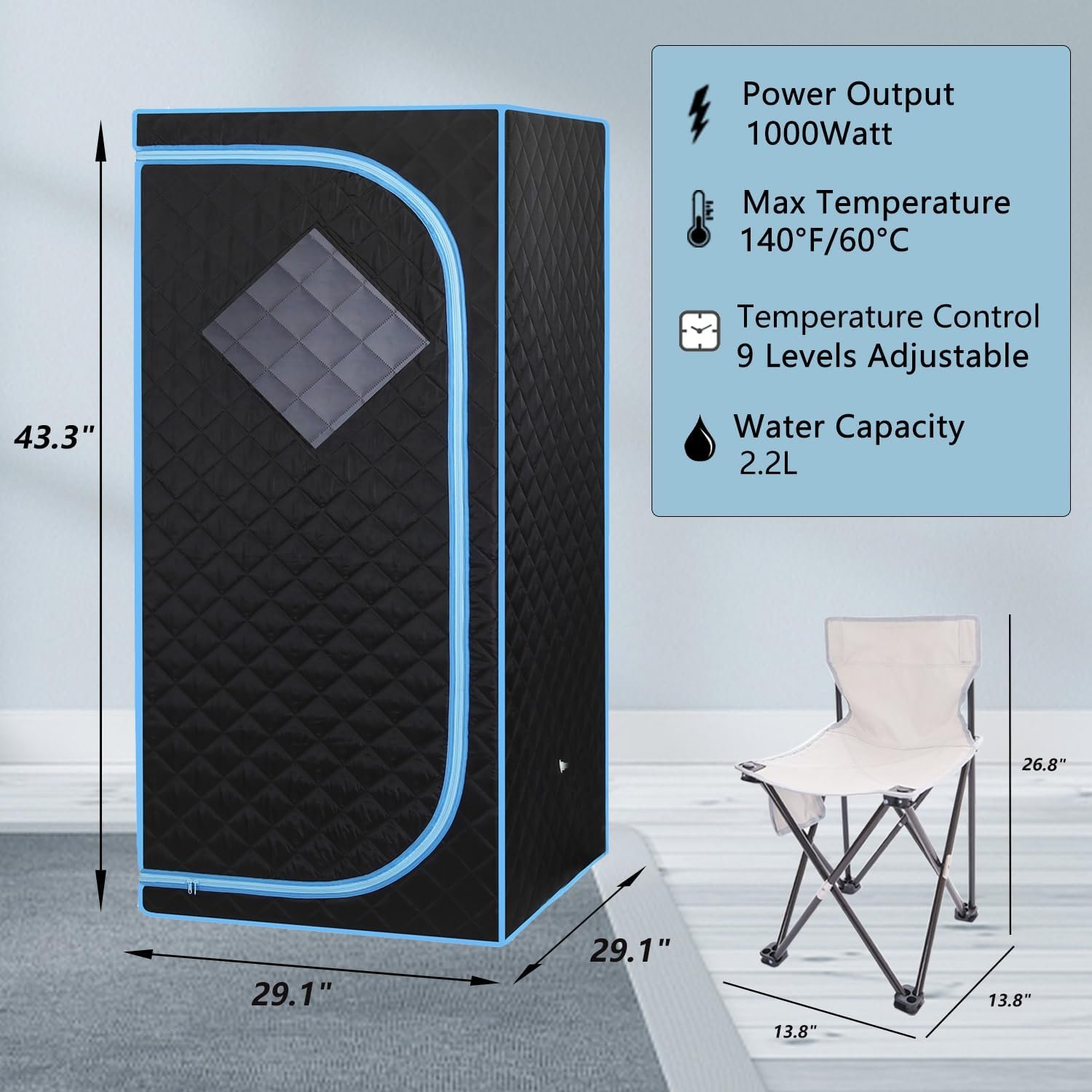 Portable Steam Sauna | Full Size Portablel Sauna Tent | Personal Home Sauna Spa | with 2.2L Water Injection Rate and 1000W Steam Generator, Portable Chair, Black (Blue Edge) 2 Portable Steam Sauna | Full Size Portablel Sauna Tent | Personal Home Sauna Spa | with 2.2L Water Injection Rate and 1000W Steam Generator, Portable Chair, Black (Blue Edge) - Image 2