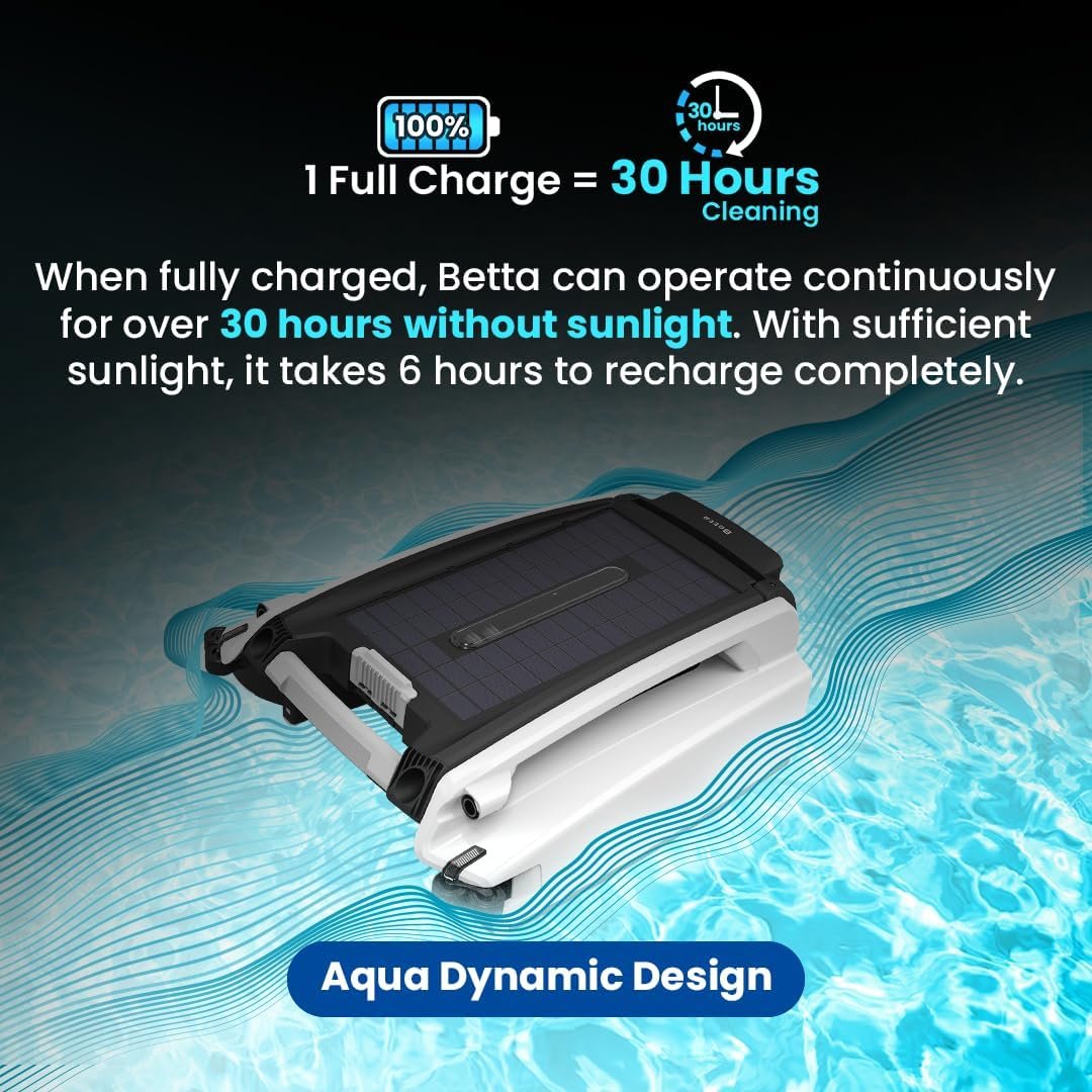 Betta SE Solar Powered Automatic Robotic Pool Surface Skimmer Cleaner with 30-Hour Continuous Cleaning Battery Power and Re-Engineered Twin Salt Chlorine Tolerant Motors (White) 2 Betta SE Solar Powered Automatic Robotic Pool Surface Skimmer Cleaner with 30-Hour Continuous Cleaning Battery Power and Re-Engineered Twin Salt Chlorine Tolerant Motors (White) - Image 2