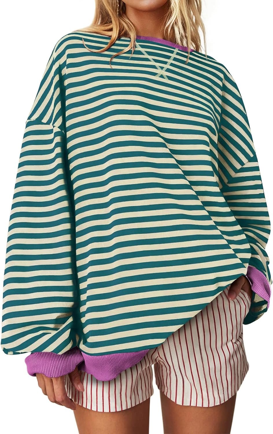 UEU Women Oversized Striped Crewneck Sweatshirt Long Sleeve Color Block Pullover Tops Casual Loose Workout Shirt