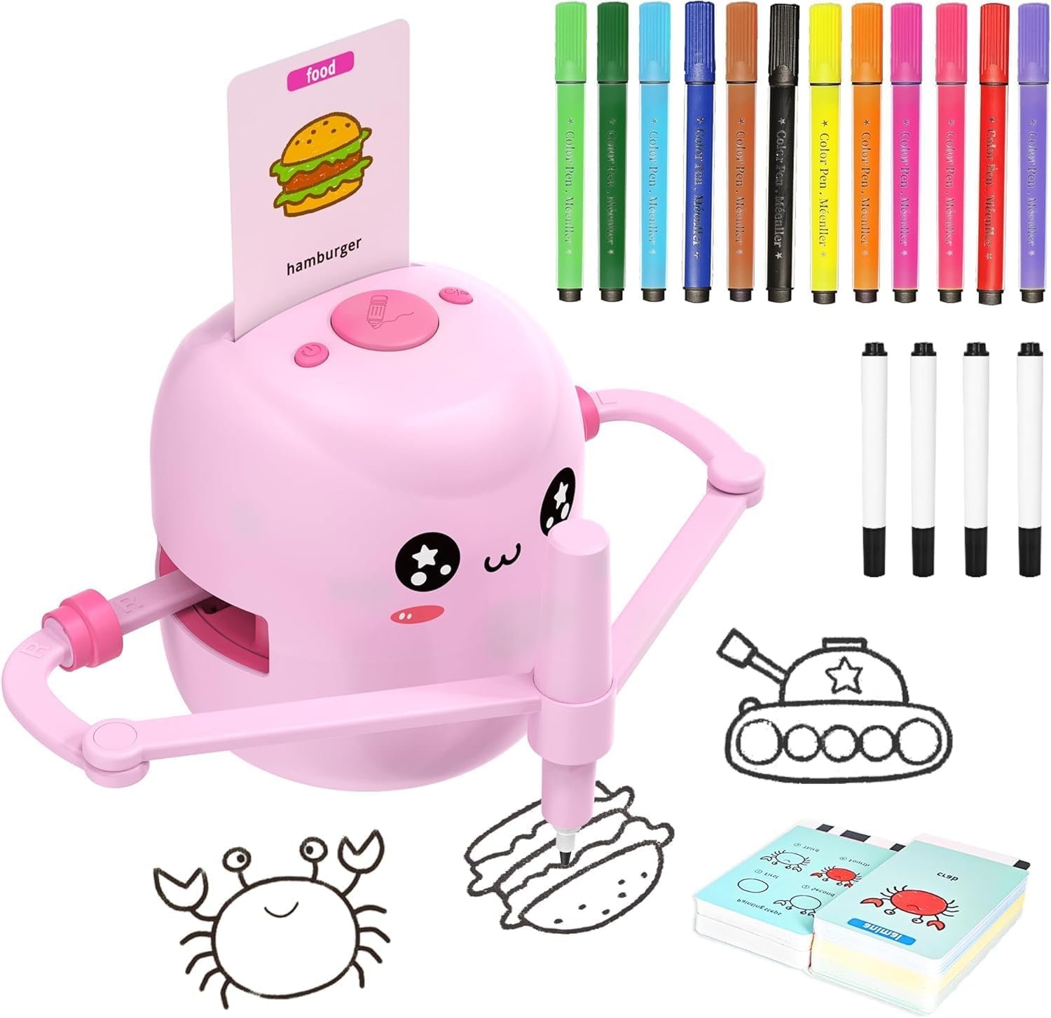 Drawing Robot for Kids, Interactive Educational Drawing Robot with Voice Interaction, Montessori Drawing Learning Toy with 100 Word Cards & 16 Color Pens, Christmas Birthday Present for Kids 5 6 7 8 9