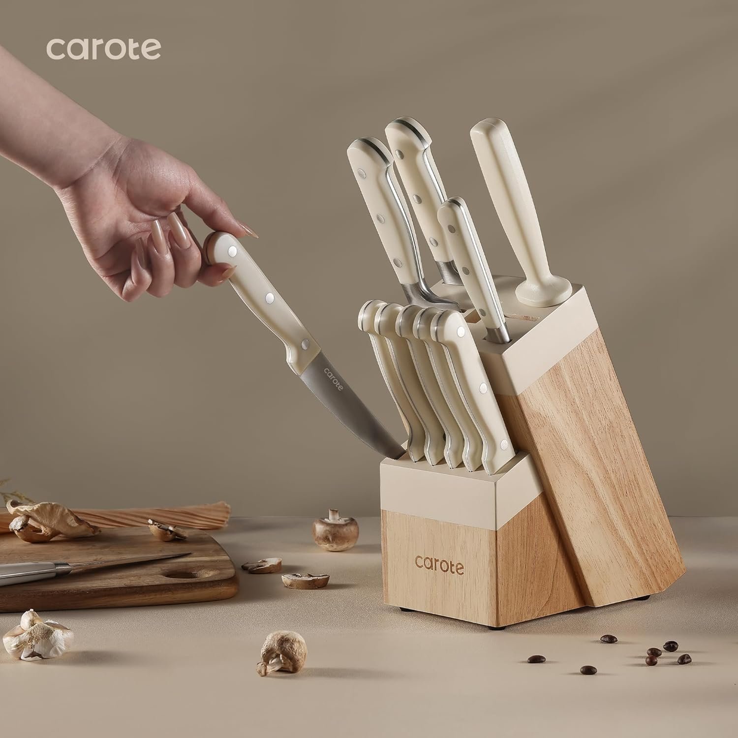 CAROTE 14 Pieces Knife Set with Block, Forged, High Carbon Stainless Steel Sharp Blade Block Knife Set, Dishwasher Safe Cutlery, Cream 6 CAROTE 14 Pieces Knife Set with Block, Forged, High Carbon Stainless Steel Sharp Blade Block Knife Set, Dishwasher Safe Cutlery, Cream - Image 6