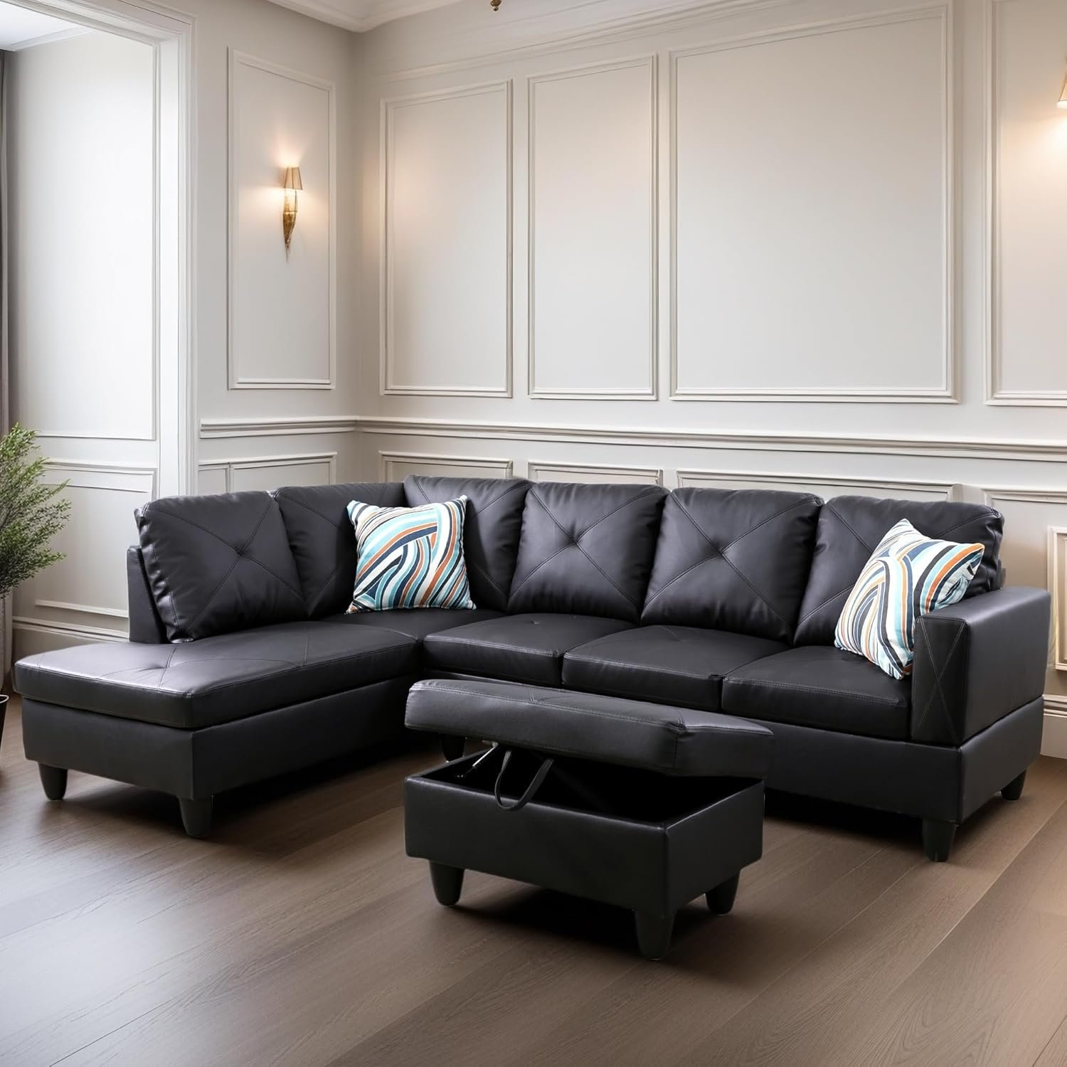 Leather Sectional Couch, Modern L Shaped Couches for Living Room, Comfy 4 Seat Modular Sectional Sofa with Ottoman Storage for Bedroom Apartment, Black 6 Leather Sectional Couch, Modern L Shaped Couches for Living Room, Comfy 4 Seat Modular Sectional Sofa with Ottoman Storage for Bedroom Apartment, Black - Image 6