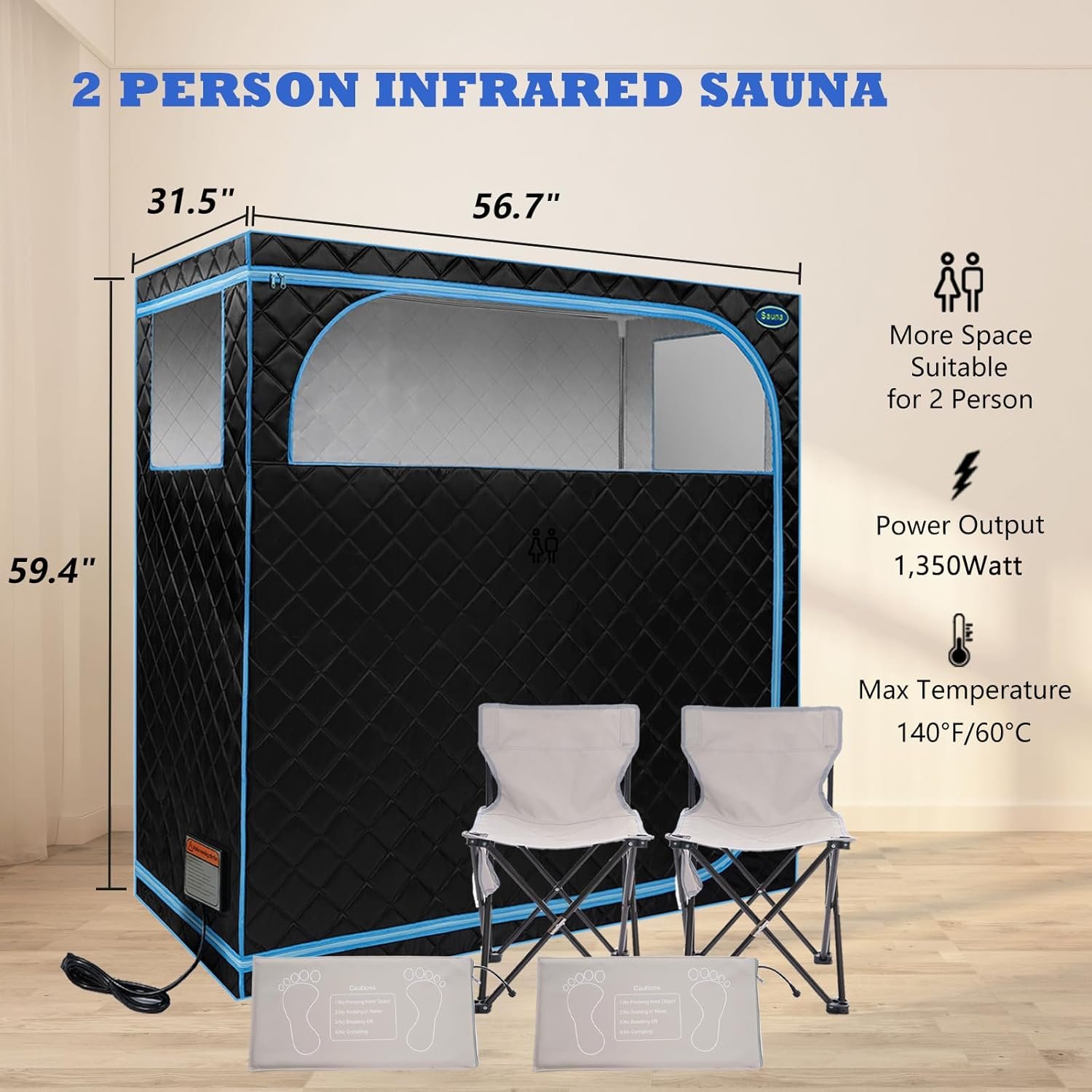 2 Person Infrared Sauna | Full Size Portable Sauna Tent | FAR Infrared Sauna for Home, 1,350watt, Home Saunas with Heating Foot Pad*2, Portable Chair*2, (L56.7 x W31.5 x H59.4, Black) 4 2 Person Infrared Sauna | Full Size Portable Sauna Tent | FAR Infrared Sauna for Home, 1,350watt, Home Saunas with Heating Foot Pad*2, Portable Chair*2, (L56.7 x W31.5 x H59.4, Black) - Image 4