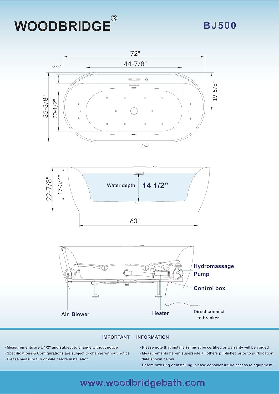 WOODBRIDGE 72" x 35-3/8" Whirlpool and Air Bath Heated Soaking Combination Tub with Adjustable Speed Air Blower and Display Control Panel, White,BJ-500 8 WOODBRIDGE 72" x 35-3/8" Whirlpool and Air Bath Heated Soaking Combination Tub with Adjustable Speed Air Blower and Display Control Panel, White,BJ-500 - Image 8