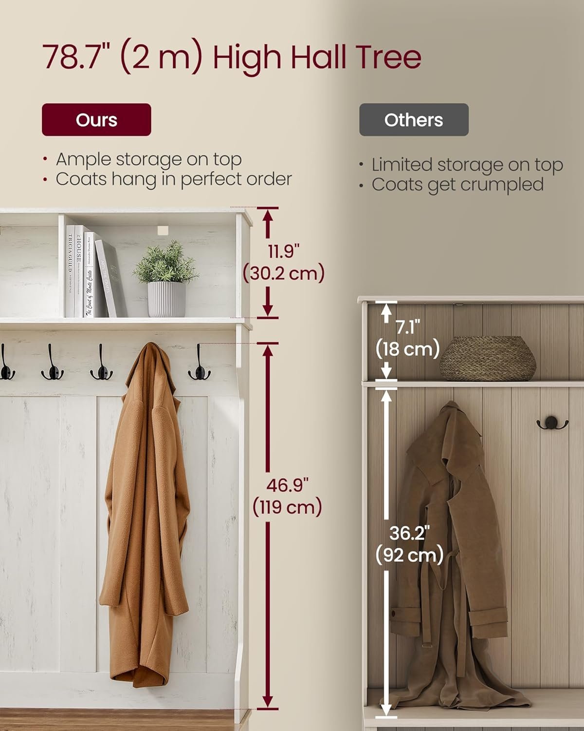 VASAGLE Hall Tree with Bench and Shoe Storage, Coat Rack with Shoe Bench, Entryway Furniture, 6 Tri-Hooks, Sliding Door, Farmfouse Style, Space Saving, Rustic White and Honey Brown UHSR442W01 5 VASAGLE Hall Tree with Bench and Shoe Storage, Coat Rack with Shoe Bench, Entryway Furniture, 6 Tri-Hooks, Sliding Door, Farmfouse Style, Space Saving, Rustic White and Honey Brown UHSR442W01 - Image 5
