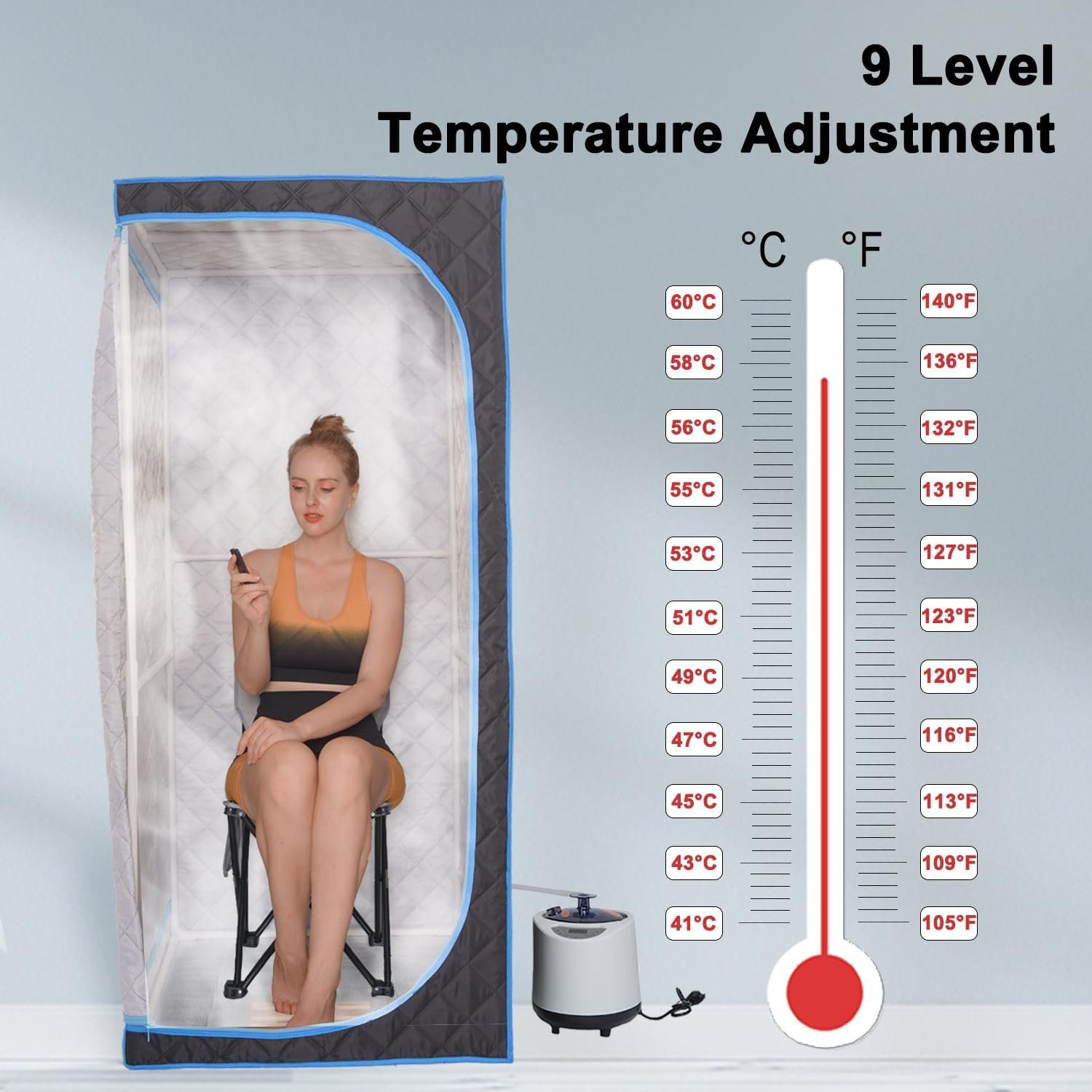 Portable Steam Sauna | Full Size Portablel Sauna Tent | Personal Home Sauna Spa | with 2.2L Water Injection Rate and 1000W Steam Generator, Portable Chair, Black (Blue Edge) 4 Portable Steam Sauna | Full Size Portablel Sauna Tent | Personal Home Sauna Spa | with 2.2L Water Injection Rate and 1000W Steam Generator, Portable Chair, Black (Blue Edge) - Image 4