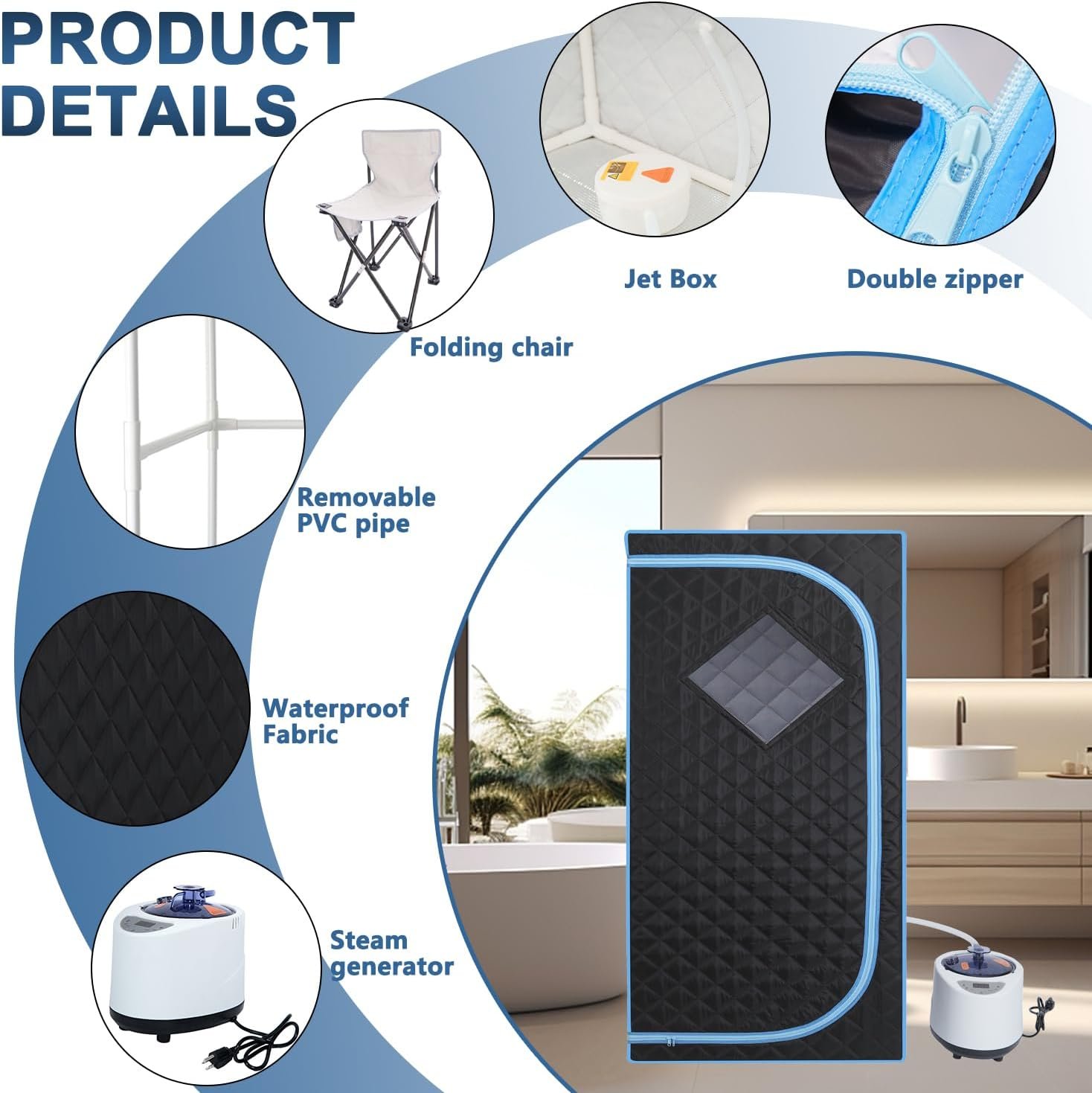 Portable Steam Sauna | Full Size Portablel Sauna Tent | Personal Home Sauna Spa | with 2.2L Water Injection Rate and 1000W Steam Generator, Portable Chair, Black (Blue Edge) 3 Portable Steam Sauna | Full Size Portablel Sauna Tent | Personal Home Sauna Spa | with 2.2L Water Injection Rate and 1000W Steam Generator, Portable Chair, Black (Blue Edge) - Image 3