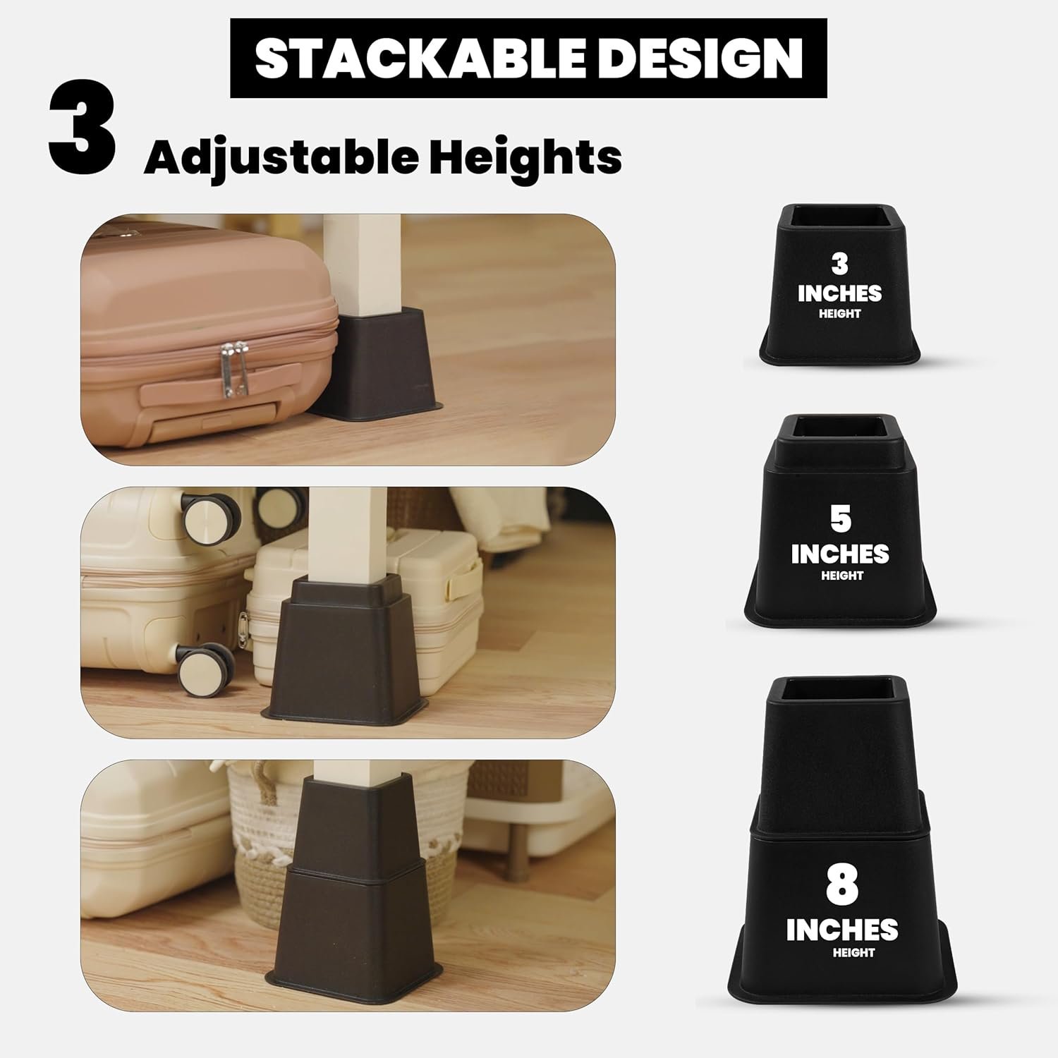 Utopia Bedding Adjustable Bed Furniture Risers - Elevation in Heights 3, 5 or 8 Inch Heavy Duty Risers for Beds and Under Bed Storage - Supports up to 1,300 lbs - (Set of 4 Riser, Black) 6 Utopia Bedding Adjustable Bed Furniture Risers - Elevation in Heights 3, 5 or 8 Inch Heavy Duty Risers for Beds and Under Bed Storage - Supports up to 1,300 lbs - (Set of 4 Riser, Black) - Image 6