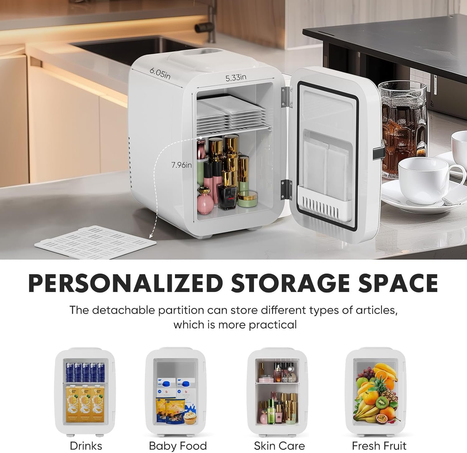 Sweetcrispy Mini Fridge, Portable Small Refrigerator 4L/6 Can Cooler & Warmer Compact Fridges for SkinCare, Food and Drinks, Bedroom, Dorm, Car, Office, White 3 Sweetcrispy Mini Fridge, Portable Small Refrigerator 4L/6 Can Cooler & Warmer Compact Fridges for SkinCare, Food and Drinks, Bedroom, Dorm, Car, Office, White - Image 3