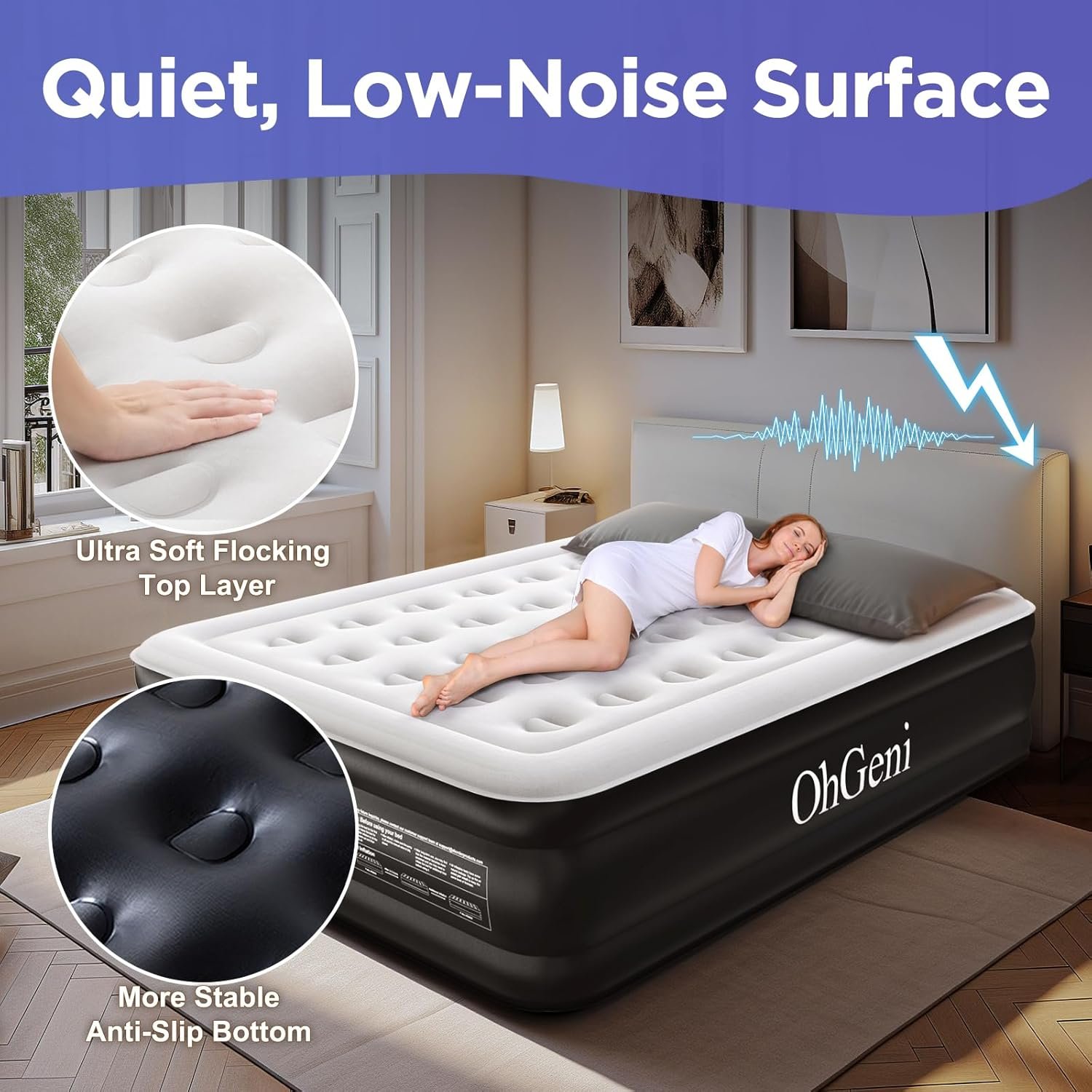 OhGeni Queen Air Mattress with Built in Pump, 18 Raised Comfort Inflatable Mattress, Quiet Surface Portable Blow Up Bed, Air Bed for Home and Guest, Colchone Inflable, 650 lbs Max 2 OhGeni Queen Air Mattress with Built in Pump, 18 Raised Comfort Inflatable Mattress, Quiet Surface Portable Blow Up Bed, Air Bed for Home and Guest, Colchone Inflable, 650 lbs Max - Image 2