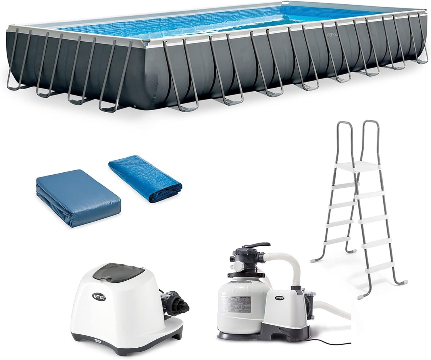 INTEX 32' x 16' x 52" Ultra XTR Frame Above Ground Rectangular Outdoor Swimming Pool Set with Krystal Clear Saltwater System, Ladder, and Cover