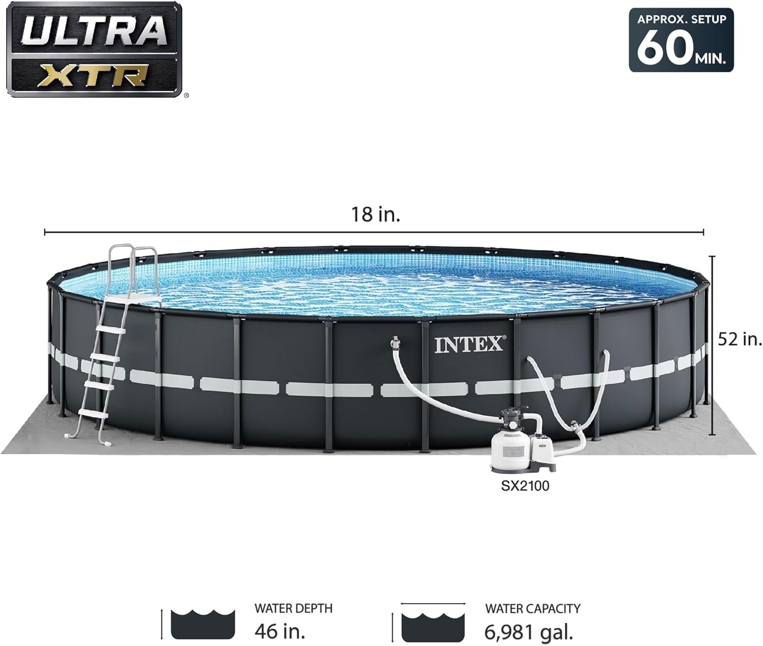 Intex Ultra XTR Framed Swimming Pool, Above Ground 18' x 52" Round Pool Set with 700 GPH Filter Pump and Robot Pool Vacuum Cleaner with 21 Inch Hose 2 Intex Ultra XTR Framed Swimming Pool, Above Ground 18' x 52" Round Pool Set with 700 GPH Filter Pump and Robot Pool Vacuum Cleaner with 21 Inch Hose - Image 2