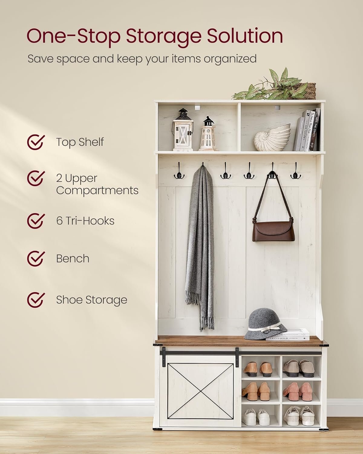 VASAGLE Hall Tree with Bench and Shoe Storage, Coat Rack with Shoe Bench, Entryway Furniture, 6 Tri-Hooks, Sliding Door, Farmfouse Style, Space Saving, Rustic White and Honey Brown UHSR442W01 3 VASAGLE Hall Tree with Bench and Shoe Storage, Coat Rack with Shoe Bench, Entryway Furniture, 6 Tri-Hooks, Sliding Door, Farmfouse Style, Space Saving, Rustic White and Honey Brown UHSR442W01 - Image 3