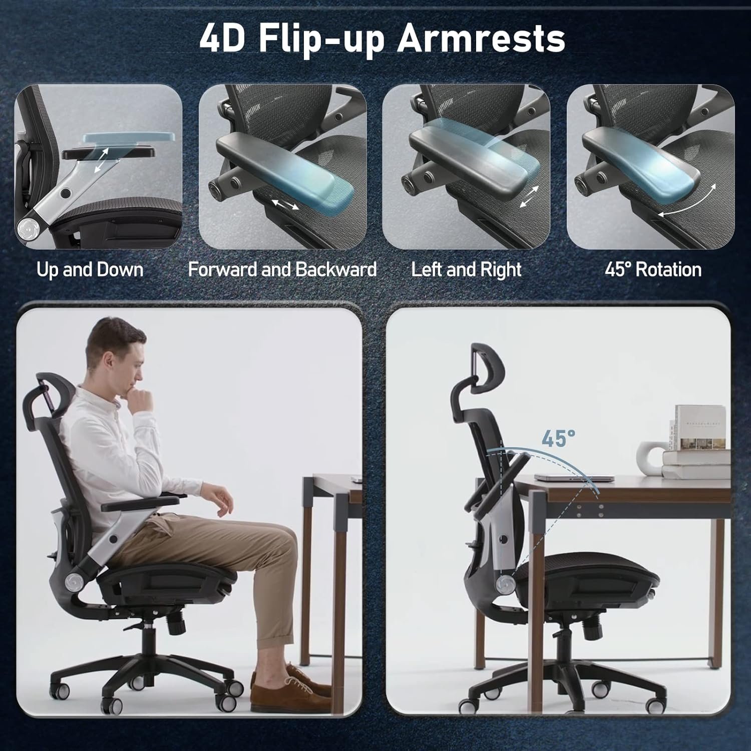 COLAMY Ergonomic Mesh Office Chair with Footrest, High Back Computer Executive Desk Chair with Headrest and 4D Flip-up Armrests, Adjustable Tilt Lock and Lumbar Support-Black 5 COLAMY Ergonomic Mesh Office Chair with Footrest, High Back Computer Executive Desk Chair with Headrest and 4D Flip-up Armrests, Adjustable Tilt Lock and Lumbar Support-Black - Image 5