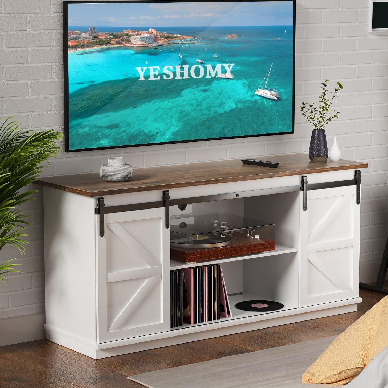YESHOMY Farmhouse TV Stand and Entertainment Center for Televisions up to 65 Inchs, with Sliding Barn Doors and Storage Cabinets, Console Table and Media Furniture for Living Room, 58 Inch, Milk White