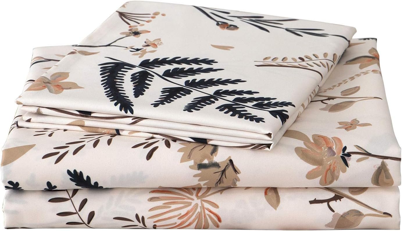 JSD Boho Floral Printed Sheet Set King Size, 4 Piece, Soft Botanical Pattern Microfiber Sheets Extra Deep Pocket