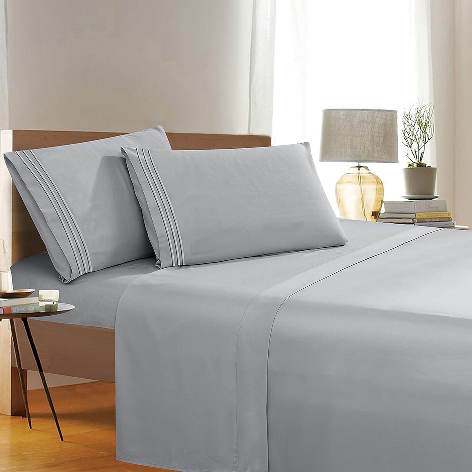 Elegant Comfort 1500 Thread Count Wrinkle & Fade Resistant Egyptian Quality 4-Piece Ultra Soft Luxurious Bed Set Includes Flat, Fitted Sheet and 2 Pillowcases, Full, Classic Silver