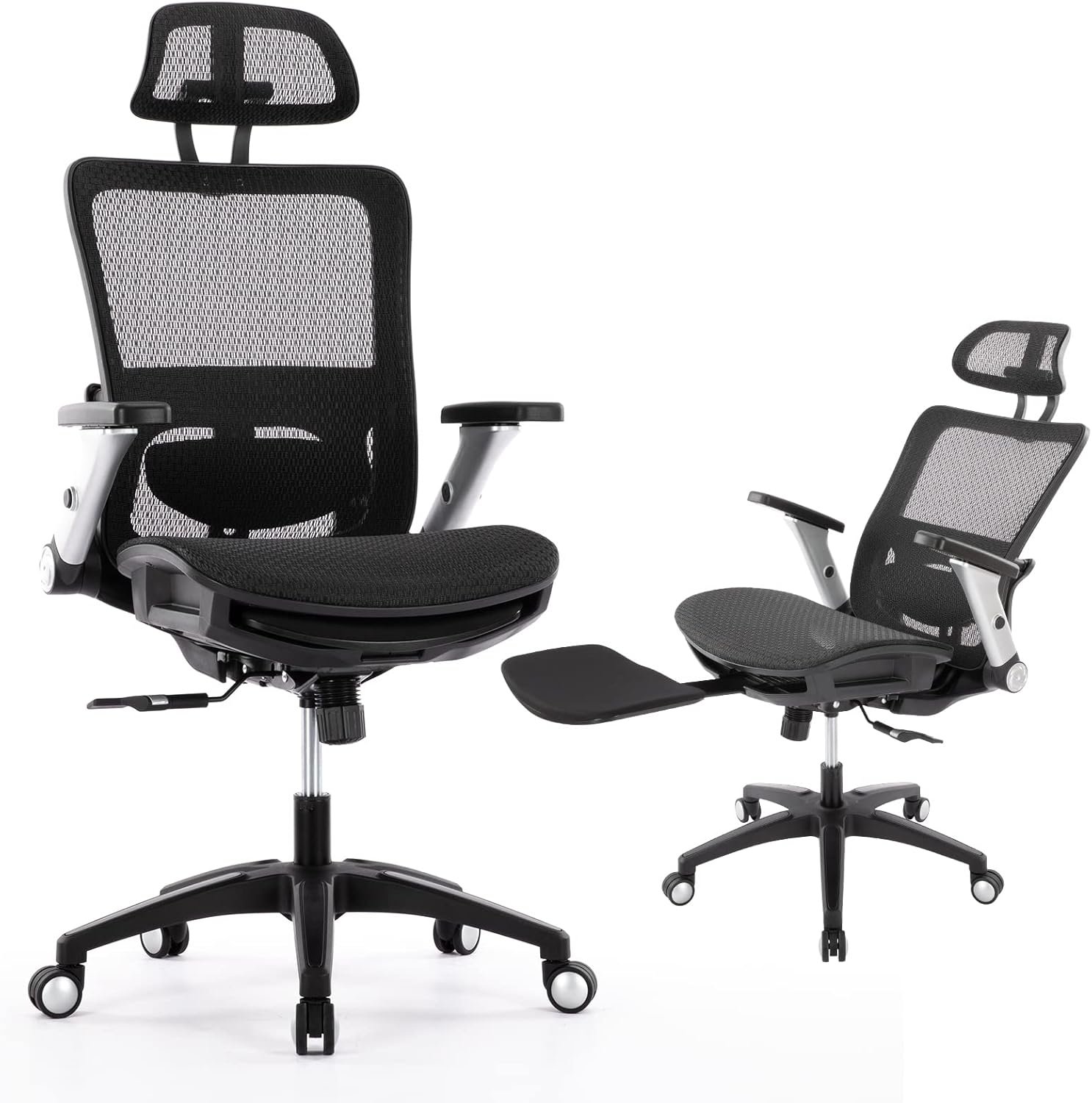 COLAMY Ergonomic Mesh Office Chair with Footrest, High Back Computer Executive Desk Chair with Headrest and 4D Flip-up Armrests, Adjustable Tilt Lock and Lumbar Support-Black