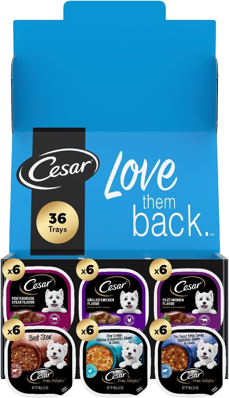 CESAR Adult Wet Dog Food HOME DELIGHTS & Classic Loaf in Sauce Variety Pack, 3.5 oz. Easy Peel Trays, 36 Count