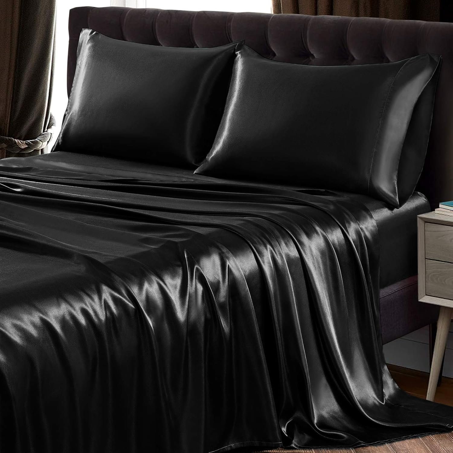 SiinvdaBZX 4Pcs Satin Sheet Set King Size Ultra Silky Soft Black Satin King Bed Sheets with Deep Pocket, 1 Fitted Sheet, 1 Flat Sheet, 2 Envelope Closure Pillowcases