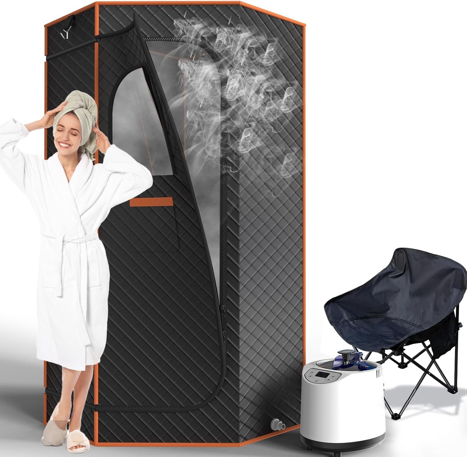 AgiiMan Portable Sauna for Home, Sauna Box with 3L Steamer, Remote Control, Folding Chair and Mat, Full Size Personal Steam Room for Home Spa Relaxation, 15 Levels, Orange
