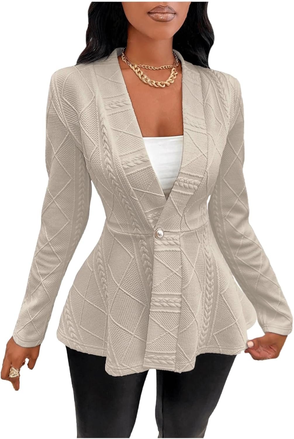 Milumia Women's Textured Ruffle Hem Blazer Single Button Shawl Collar Long Sleeve Jacket