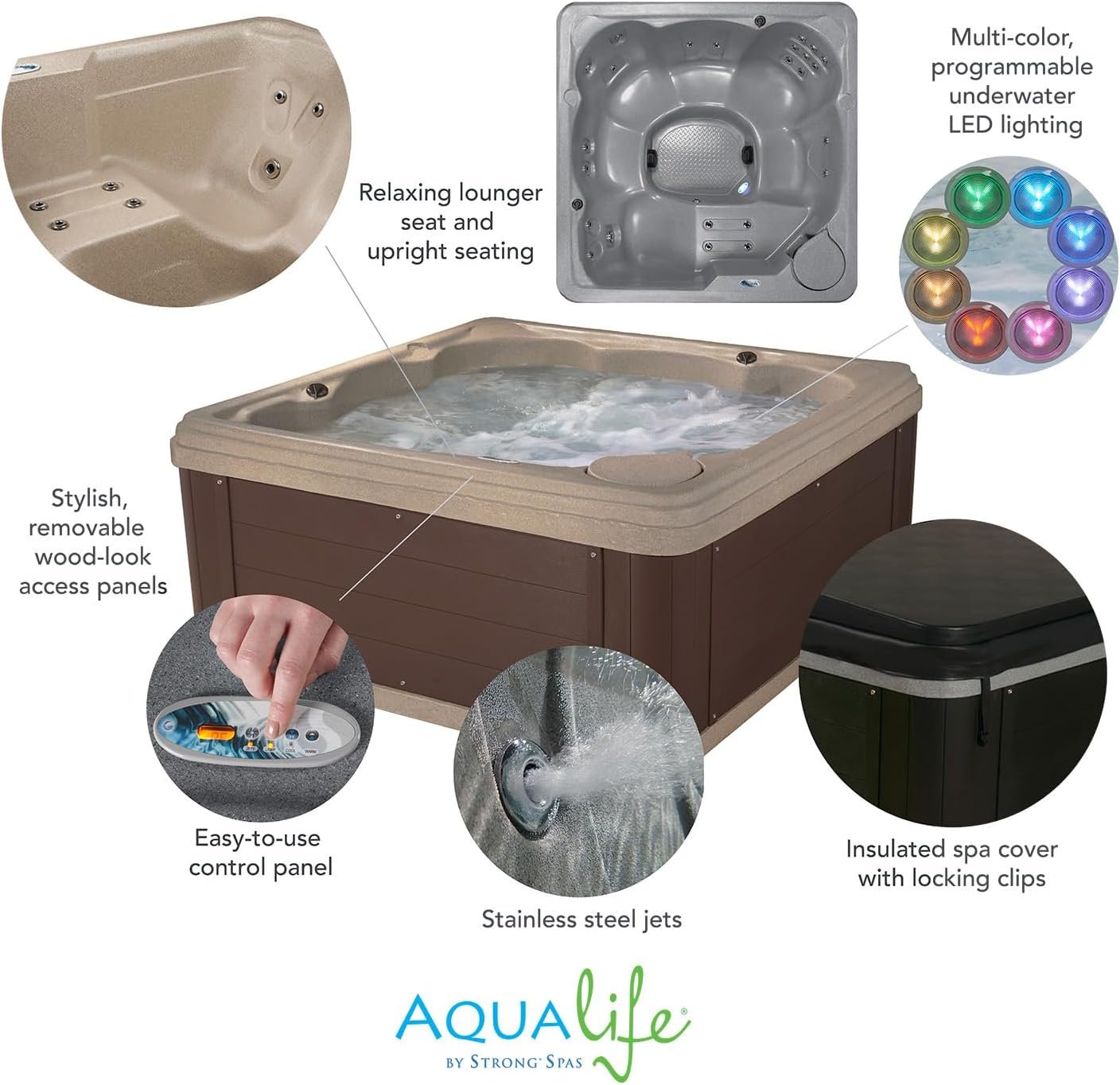 Inland 6 Person Indoor Outdoor Hot Tub, Plug & Play Spa, 24 Jets, LED Lighting System, Insulated Spa Cover, Made in USA, Aqualife by Strong Spas 2 Inland 6 Person Indoor Outdoor Hot Tub, Plug & Play Spa, 24 Jets, LED Lighting System, Insulated Spa Cover, Made in USA, Aqualife by Strong Spas - Image 2