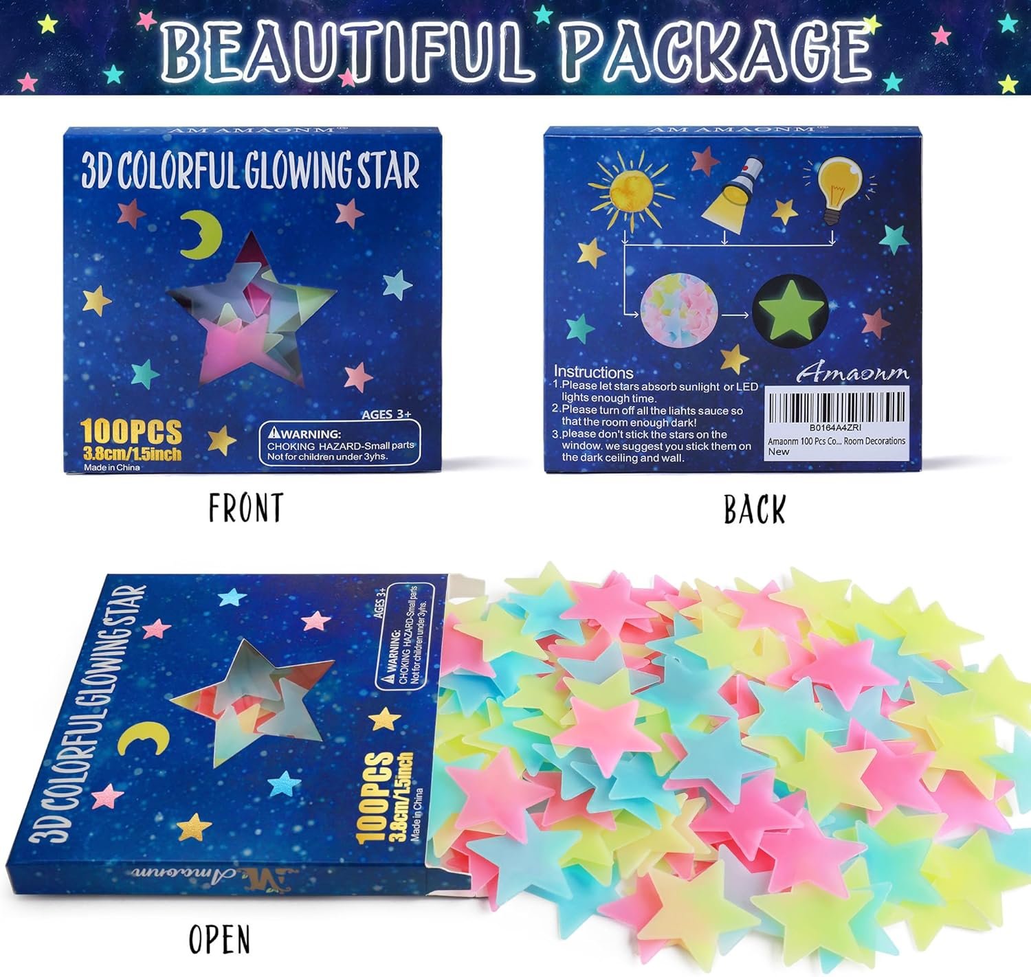 AM AMAONM 100 Pcs Colorful Glow in The Dark Luminous Stars Fluorescent Noctilucent Plastic Wall Stickers Murals Decals for Home Art Decor Ceiling Wall Decorate Kids Babys Bedroom Room Decorations 2 AM AMAONM 100 Pcs Colorful Glow in The Dark Luminous Stars Fluorescent Noctilucent Plastic Wall Stickers Murals Decals for Home Art Decor Ceiling Wall Decorate Kids Babys Bedroom Room Decorations - Image 2