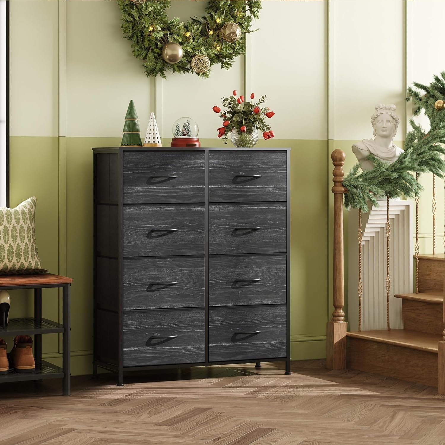 WLIVE Tall Fabric Dresser for Bedroom with 8 Drawers, Storage Tower with Bins, Double Dresser, Chest of Drawers for Closet, Living Room, Hallway, Charcoal Black Wood Grain Print 2 WLIVE Tall Fabric Dresser for Bedroom with 8 Drawers, Storage Tower with Bins, Double Dresser, Chest of Drawers for Closet, Living Room, Hallway, Charcoal Black Wood Grain Print - Image 2
