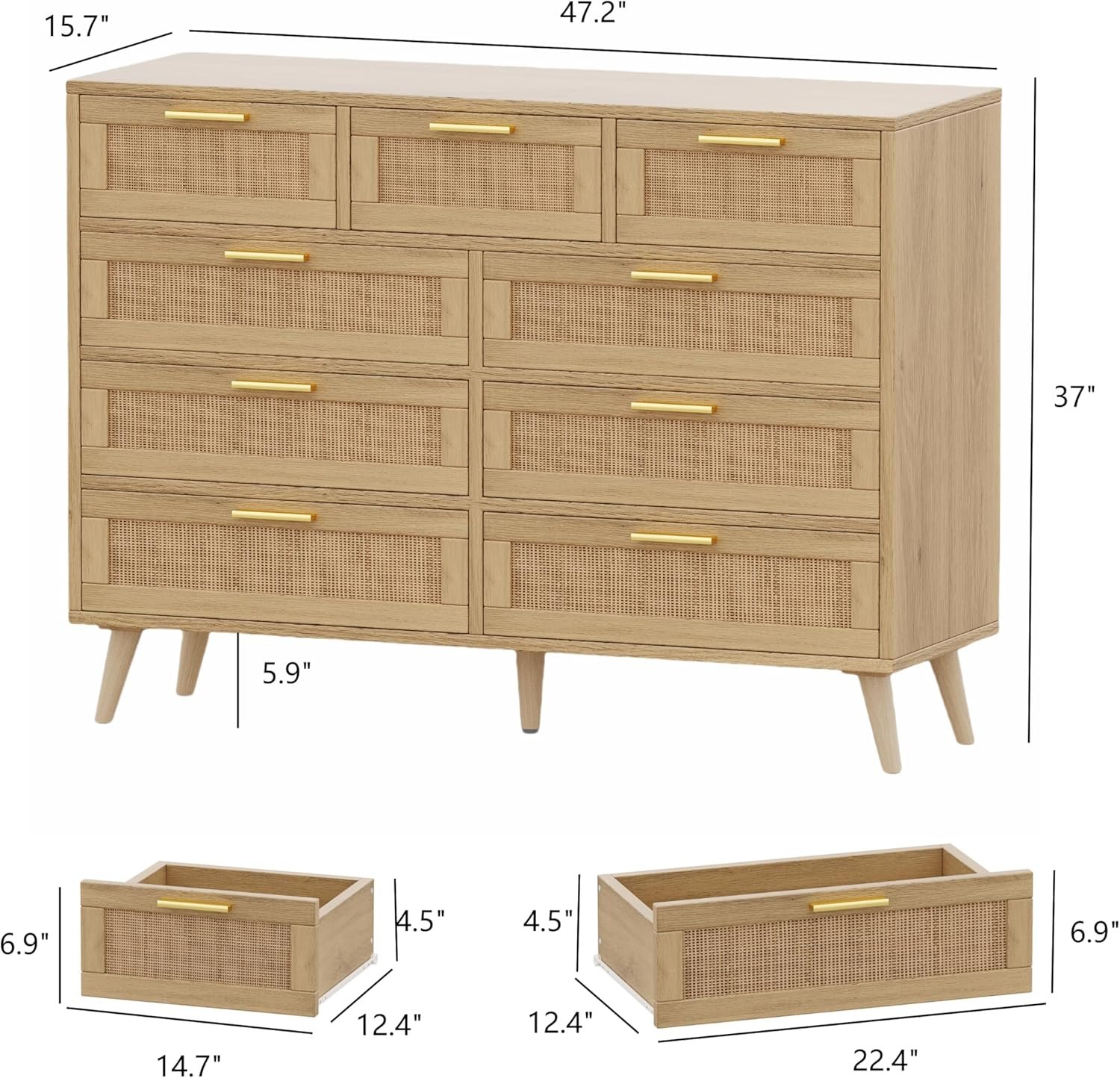 Rovaurx 9 Drawers Dresser for Bedroom, Boho Chest of Drawers with Metal Handles, Wooden Storage Organizer with Rattan Drawers for Closet, Living Room, Hallway, Natural RDG009M 3 Rovaurx 9 Drawers Dresser for Bedroom, Boho Chest of Drawers with Metal Handles, Wooden Storage Organizer with Rattan Drawers for Closet, Living Room, Hallway, Natural RDG009M - Image 3