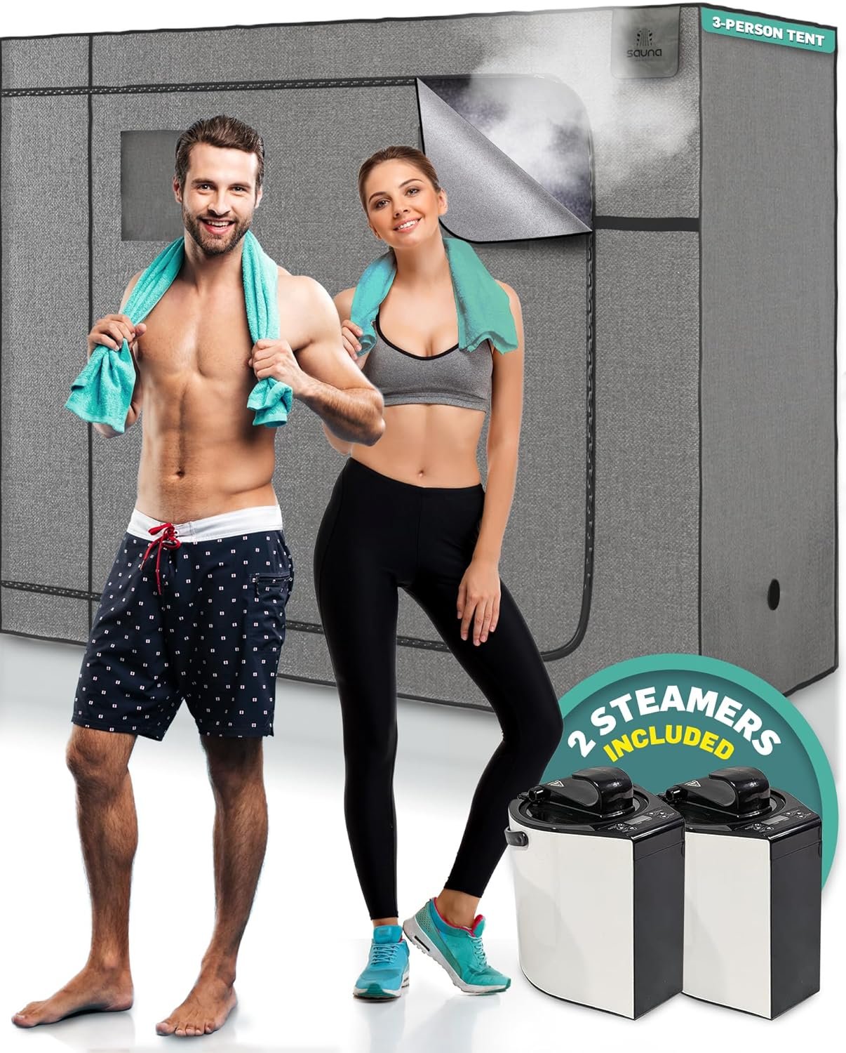 3 Person Full Body Sauna Box - Portable Sauna for Home Relaxation, Muscle Recovery, and Skin Health - Leak-Proof Design for at-Home Setup - USA Owned (1 Tent and 2 Steamers Included)