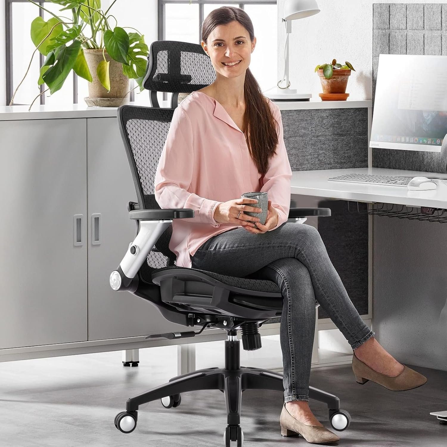 COLAMY Ergonomic Mesh Office Chair with Footrest, High Back Computer Executive Desk Chair with Headrest and 4D Flip-up Armrests, Adjustable Tilt Lock and Lumbar Support-Black 2 COLAMY Ergonomic Mesh Office Chair with Footrest, High Back Computer Executive Desk Chair with Headrest and 4D Flip-up Armrests, Adjustable Tilt Lock and Lumbar Support-Black - Image 2