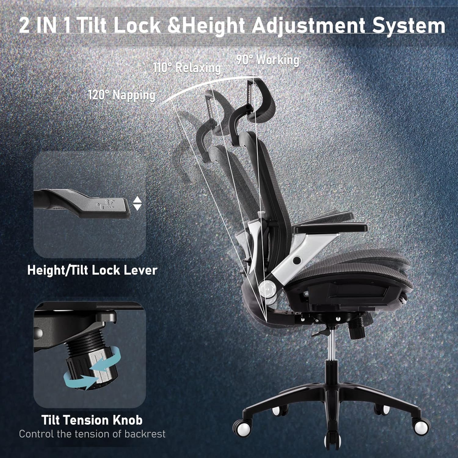 COLAMY Ergonomic Mesh Office Chair with Footrest, High Back Computer Executive Desk Chair with Headrest and 4D Flip-up Armrests, Adjustable Tilt Lock and Lumbar Support-Black 7 COLAMY Ergonomic Mesh Office Chair with Footrest, High Back Computer Executive Desk Chair with Headrest and 4D Flip-up Armrests, Adjustable Tilt Lock and Lumbar Support-Black - Image 7
