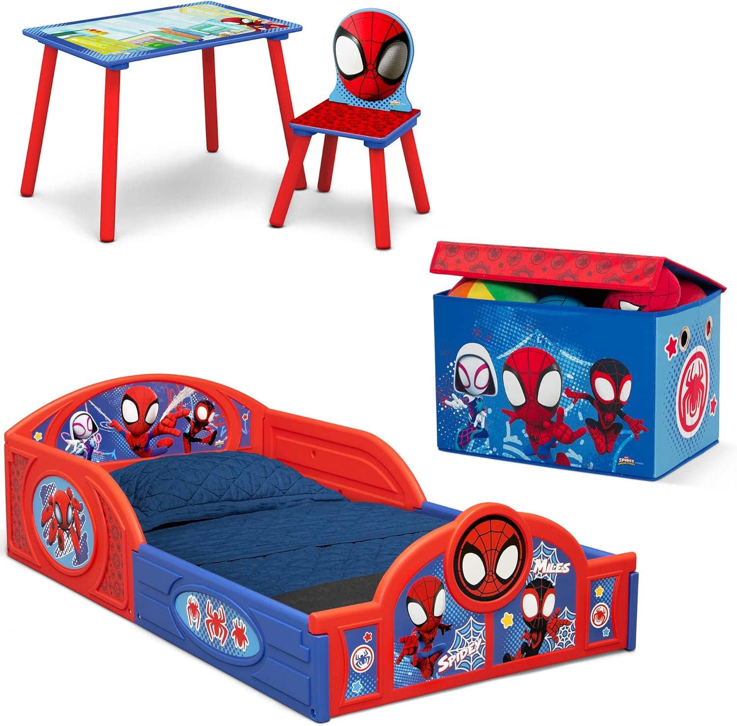 Delta Children - Marvel Spidey and His Amazing Friends 4-Piece Toddler Room-in-a-Box Set – Includes Sleep and Play Toddler Bed, Table, 1 Chair and Fabric Toy Box, Blue/Red