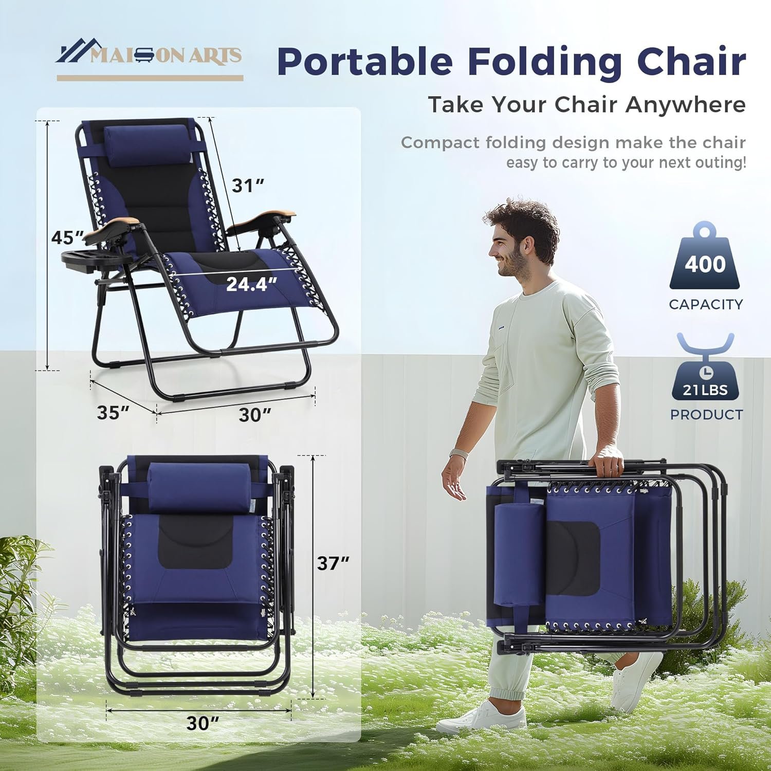 MAISON ARTS Oversize XXL Padded Zero Gravity Lawn Chair Anti Gravity Lounge Chair Foldable Recliner 30" Wide Seat Outdoor Camp Chair for Poolside Backyard Beach, Support 400LBS, Blue 2 MAISON ARTS Oversize XXL Padded Zero Gravity Lawn Chair Anti Gravity Lounge Chair Foldable Recliner 30" Wide Seat Outdoor Camp Chair for Poolside Backyard Beach, Support 400LBS, Blue - Image 2