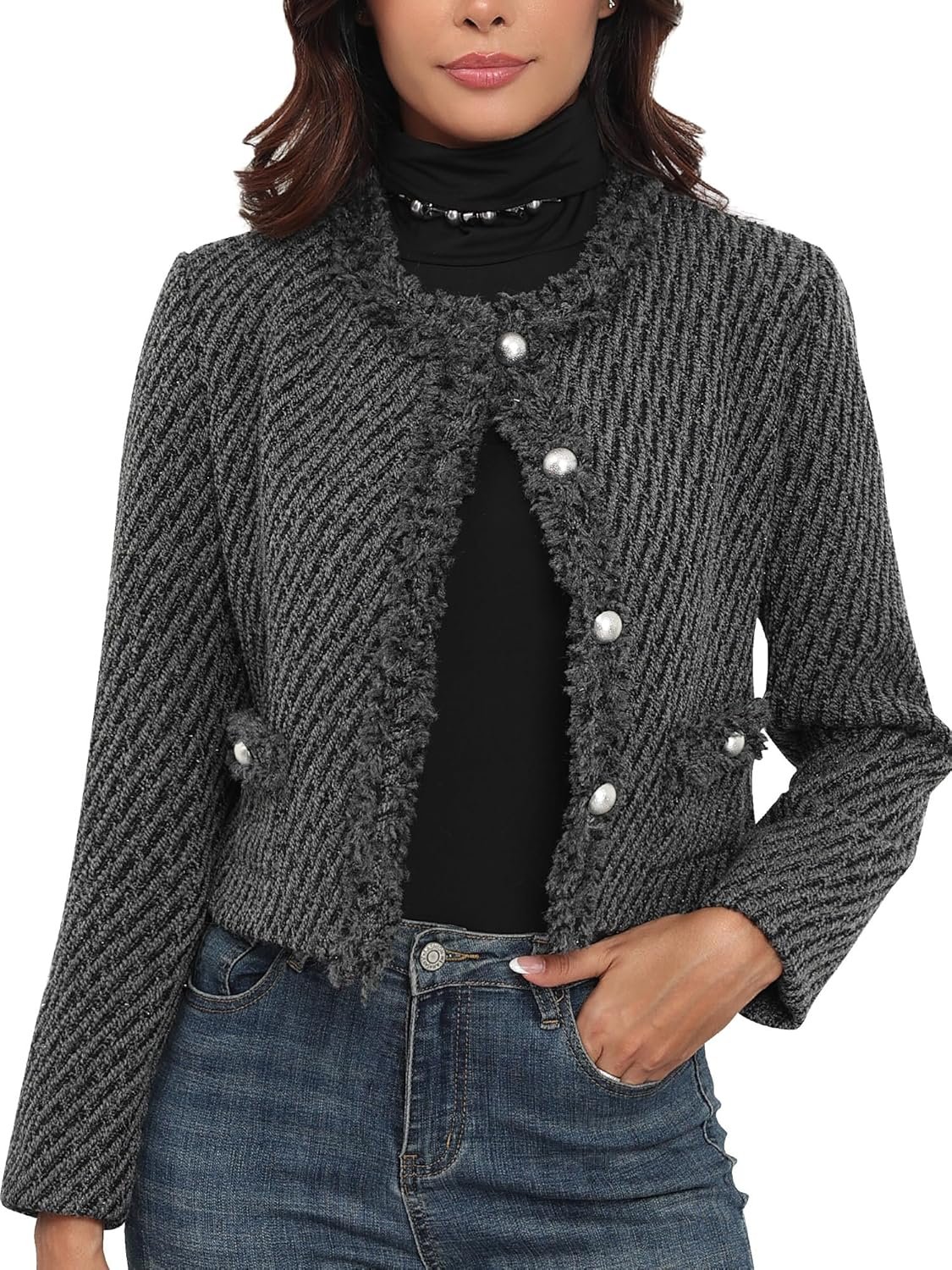 M.Infisavo Tweed Blazer Jackets for Women Long Sleeve Elegant Office Work Business Casual Cropped Tweed Jacket