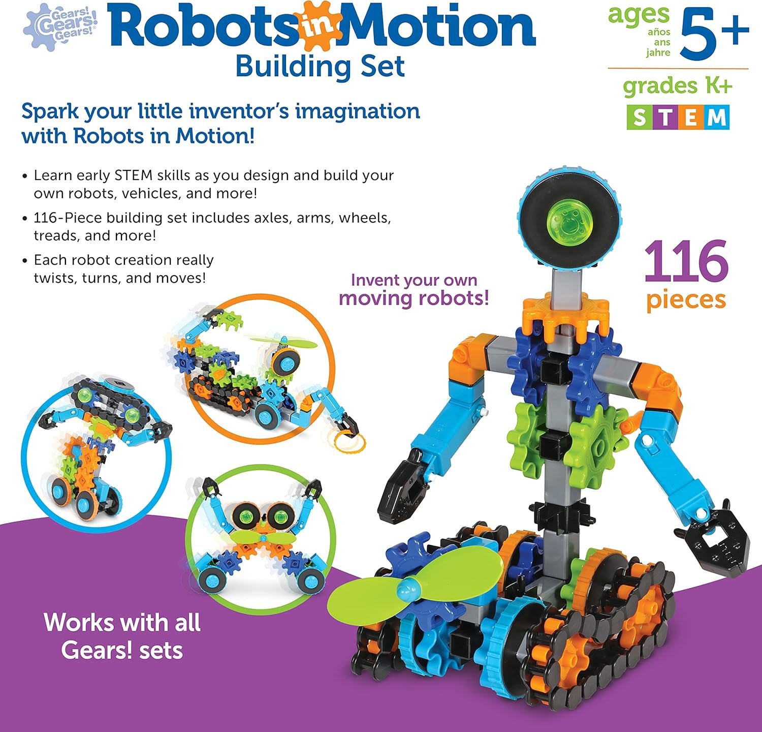 Learning Resources Gears! Gears! Gears! Robots in Motion Building Set - 116 Pieces, Ages 5+, Robot Toy, STEM Toys for Kids, Robots for Kids 6 Learning Resources Gears! Gears! Gears! Robots in Motion Building Set - 116 Pieces, Ages 5+, Robot Toy, STEM Toys for Kids, Robots for Kids - Image 6